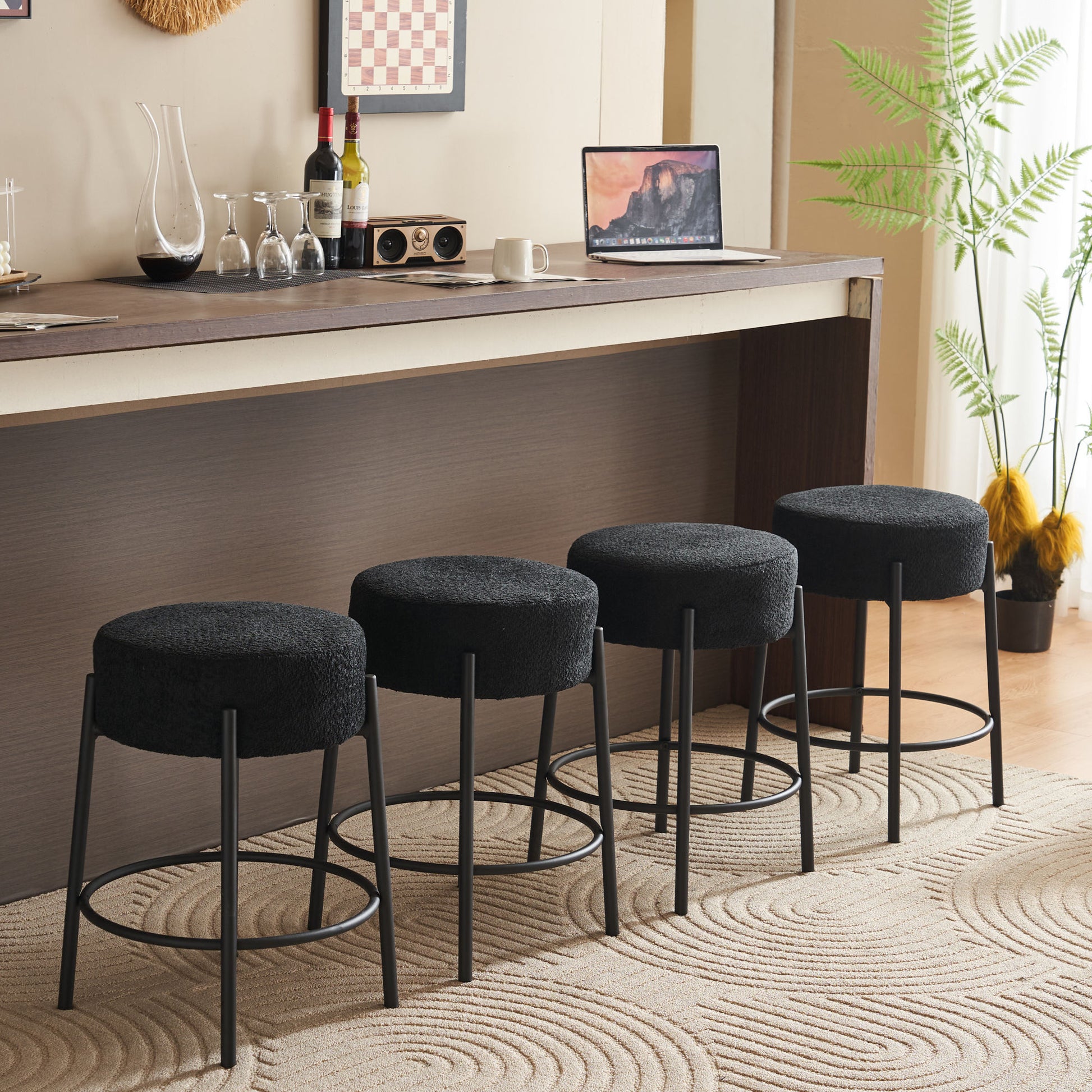 24" Tall, Round Bar Stools, Set Of 2 Contemporary Upholstered Dining Stools For Kitchens, Coffee Shops And Bar Stores Includes Sturdy Hardware Support Legs Black Foam