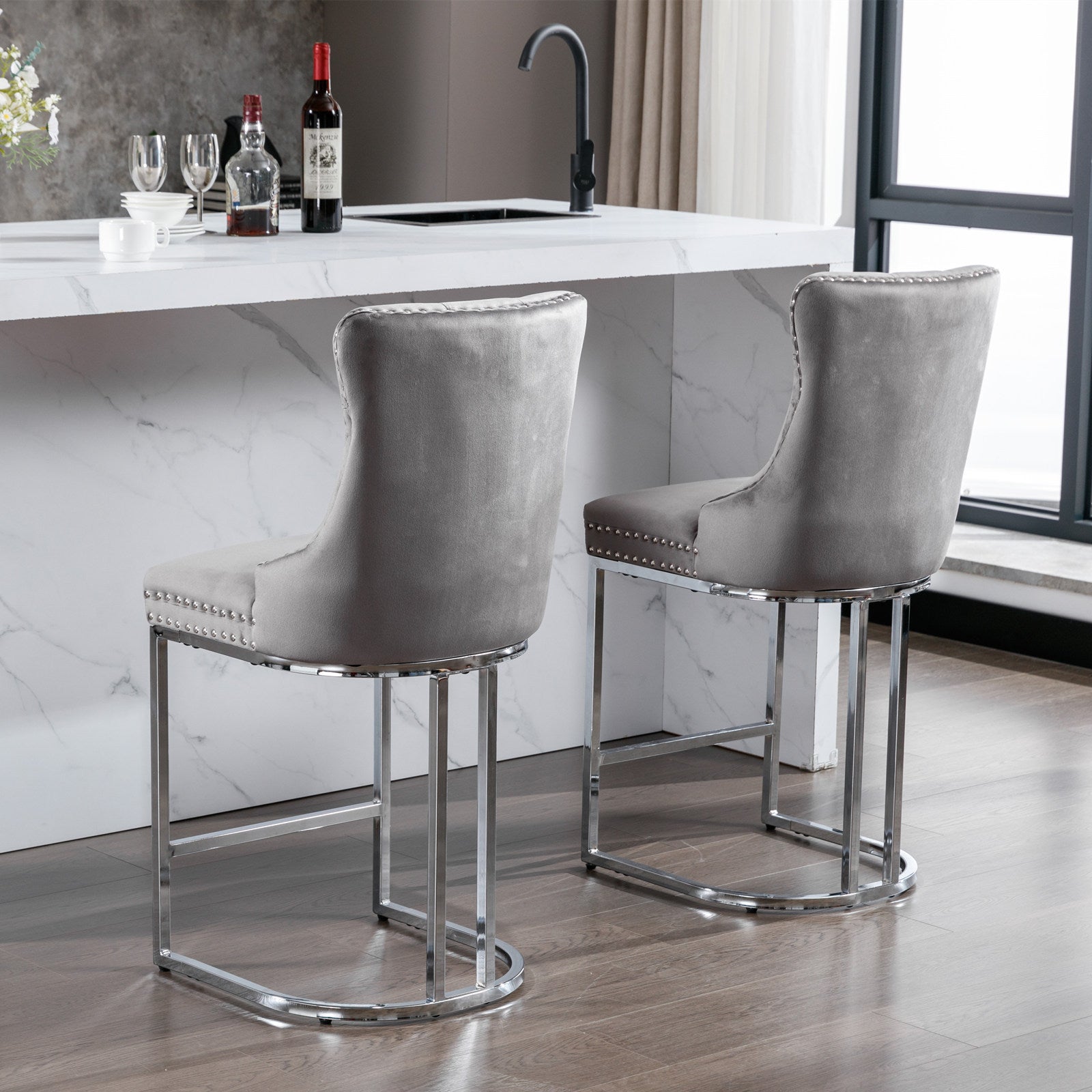 26" Counter Height Bar Stools Set Of 2, Modern Velvet Barstools With Button Back&Rivet Trim Upholstered Kitchen Island Chairs With Sturdy Chromed Metal Base Legs Farmhouse Bar Stools, Gray,2 Pack Gray Dining Room American Design Foam Velvet