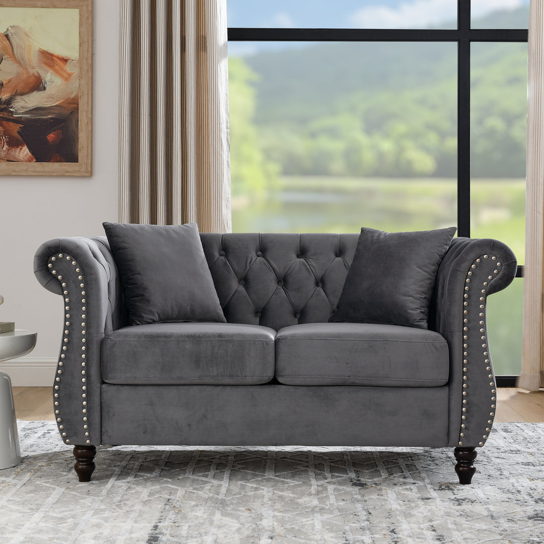 58.8" Chesterfield Sofa Grey Velvet For Living Room, 2 Seater Sofa Tufted Couch With Rolled Arms And For Living Room, Bedroom, Office, Apartment, Two Pillowsw834S00069 Grey Foam Velvet