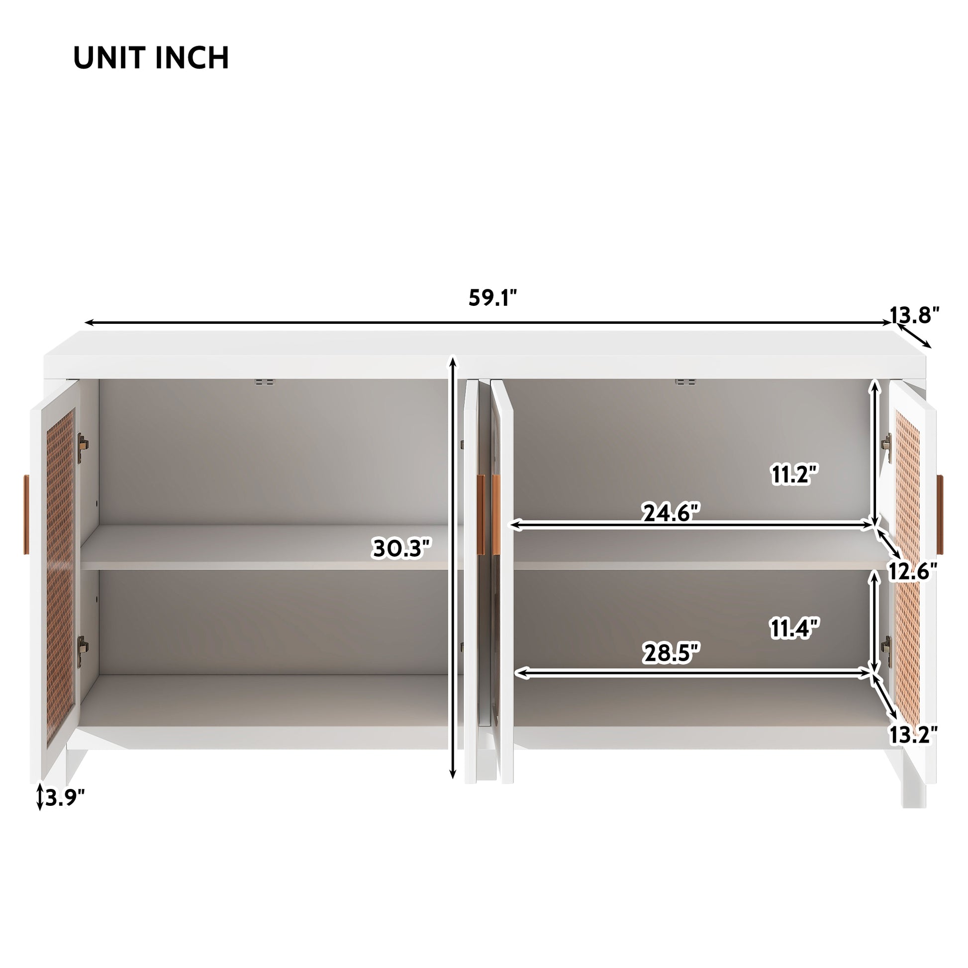 Modern Tv Stand For 65 Inch Tv With Rattan Doors, Adjustable Shelves And Metal Handles For Living Room, White White 60 69 Inches Particle Board