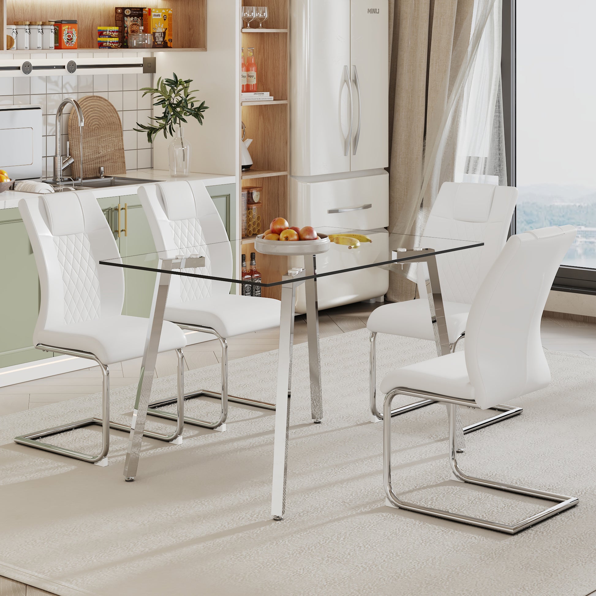 Glass Dining Table, Dining Chair Set, 4 White Dining Chairs And 1 Dining Table Table Measures 51" W X 31.5"D X 29.5" H White Metal