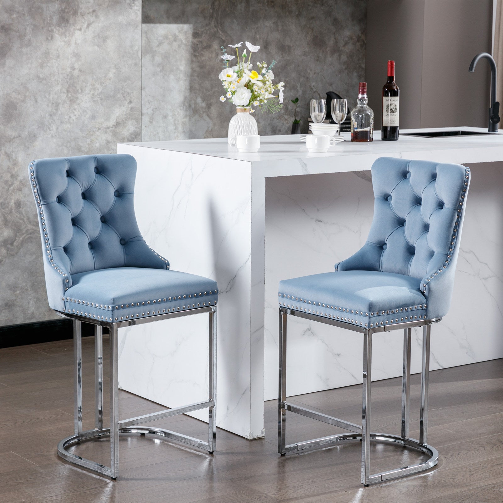 26" Counter Height Bar Stools Set Of 2, Modern Velvet Barstools With Button Back&Rivet Trim Upholstered Kitchen Island Chairs With Sturdy Chromed Metal Base Legs Farmhouse Bar Stools,Light Blue,2 Pack Light Blue Dining Room American Design Foam Velvet