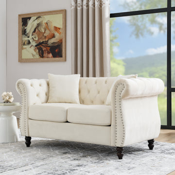 58.8" Chesterfield Sofa Beige Velvet For Living Room, 2 Seater Sofa Tufted Couch With Rolled Arms And For Living Room, Bedroom, Office, Apartment, Two Pillows Beige Foam Velvet