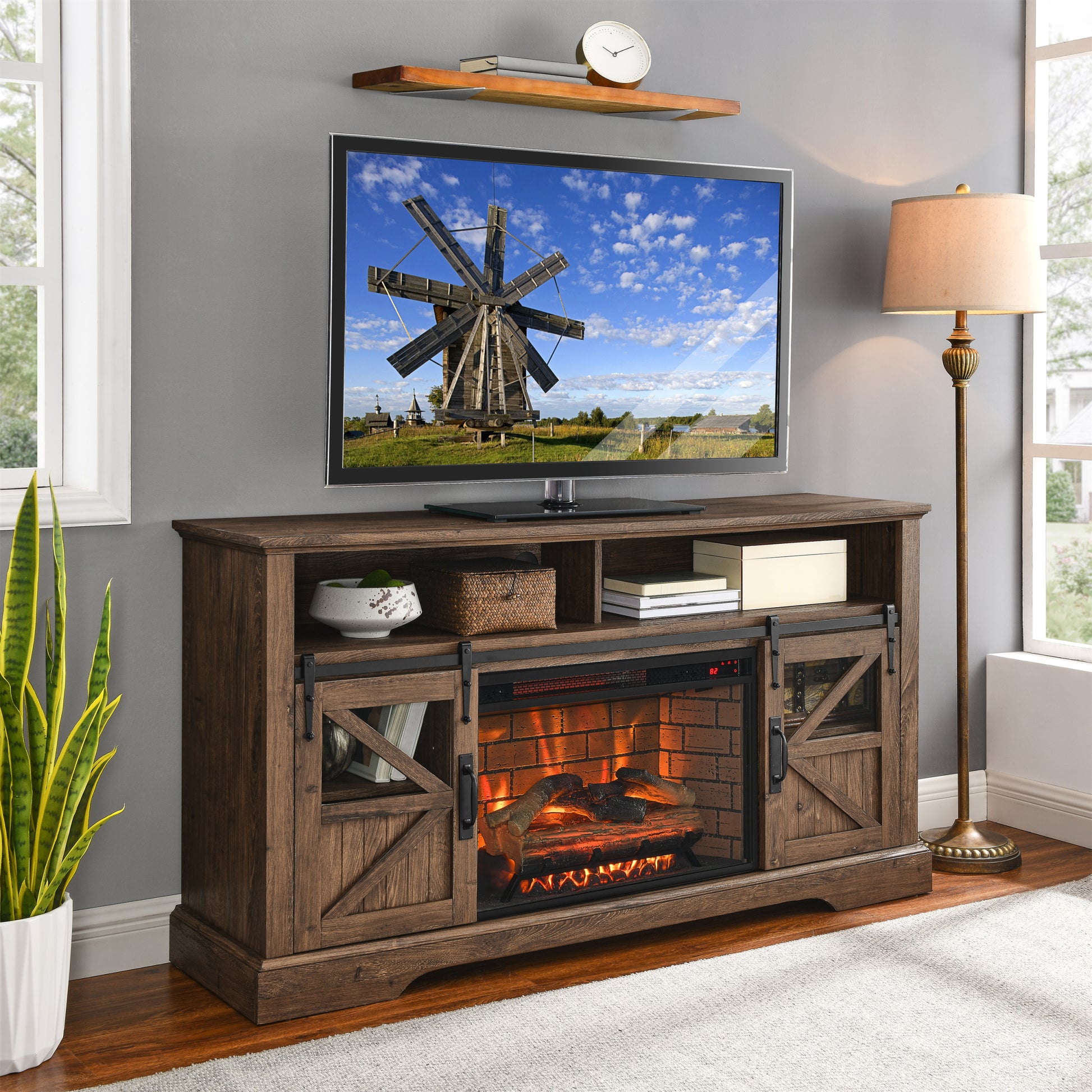 60 Inch Electric Fireplace Entertainment Center With Door Sensor Reclaimed Barnwood Color Powder Coated Electric Reclaimed Barnwood Vent Free Yes Insert Wood Stainless Steel Glass Electric