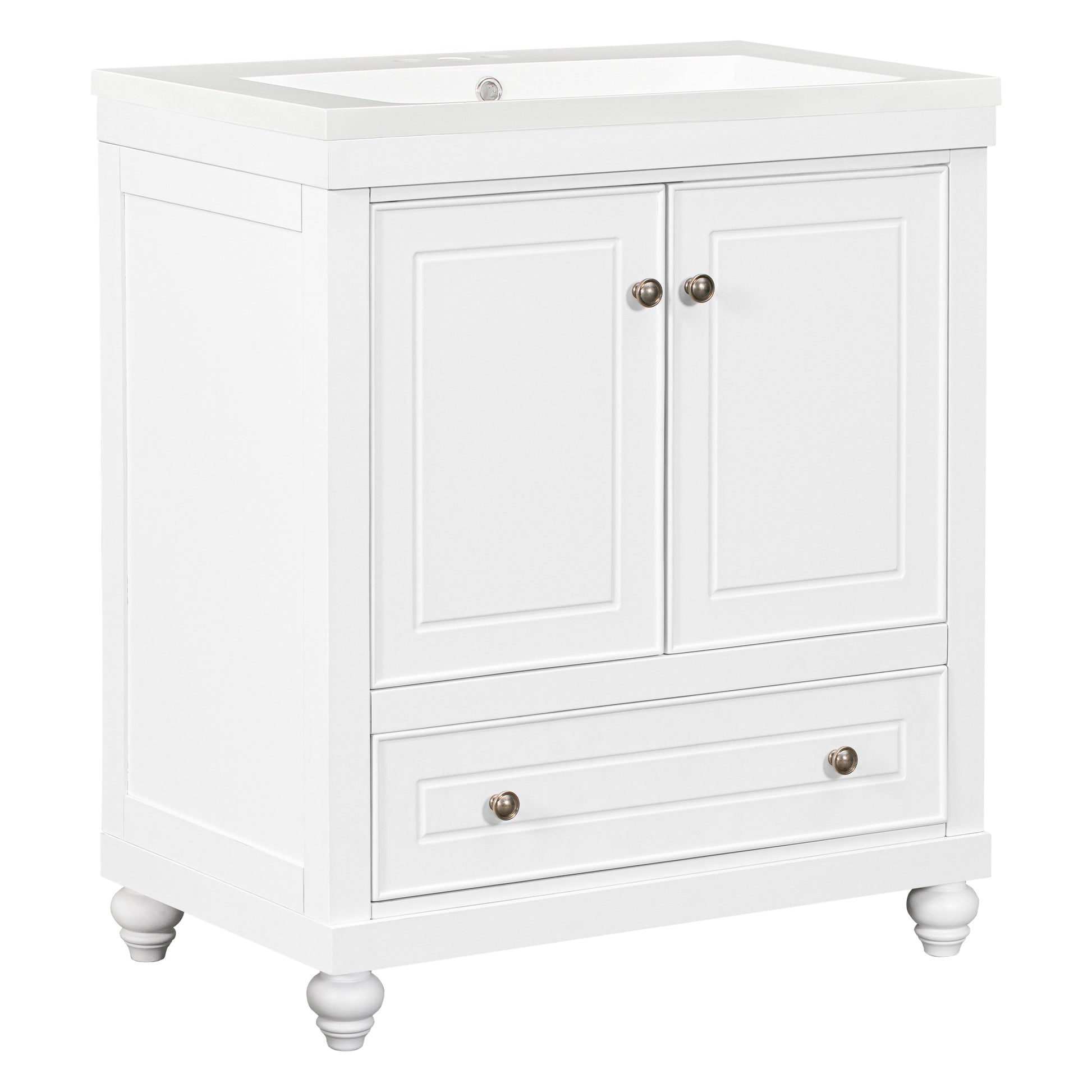 30" Bathroom Vanity With Sink, Combo, Cabinet With Doors And Drawer, Solid Frame And Mdf Board, White White Solid Wood Mdf