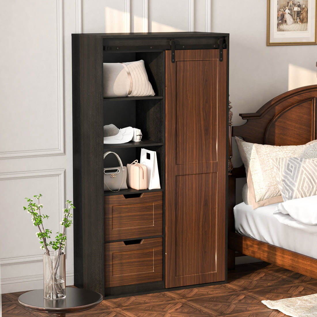 71 Inch Closets,Large Closetslaundry Cabinets,Plastic Suction Process,Farmslide Barndoors,Saveopenspace,Brand Hardware,Silent Slide,Can Be Used For The Bedroom,Cloakroom,Livingroom,Color:Black Brown 5 Or More Spaces Black Brown Brown Drawers Included