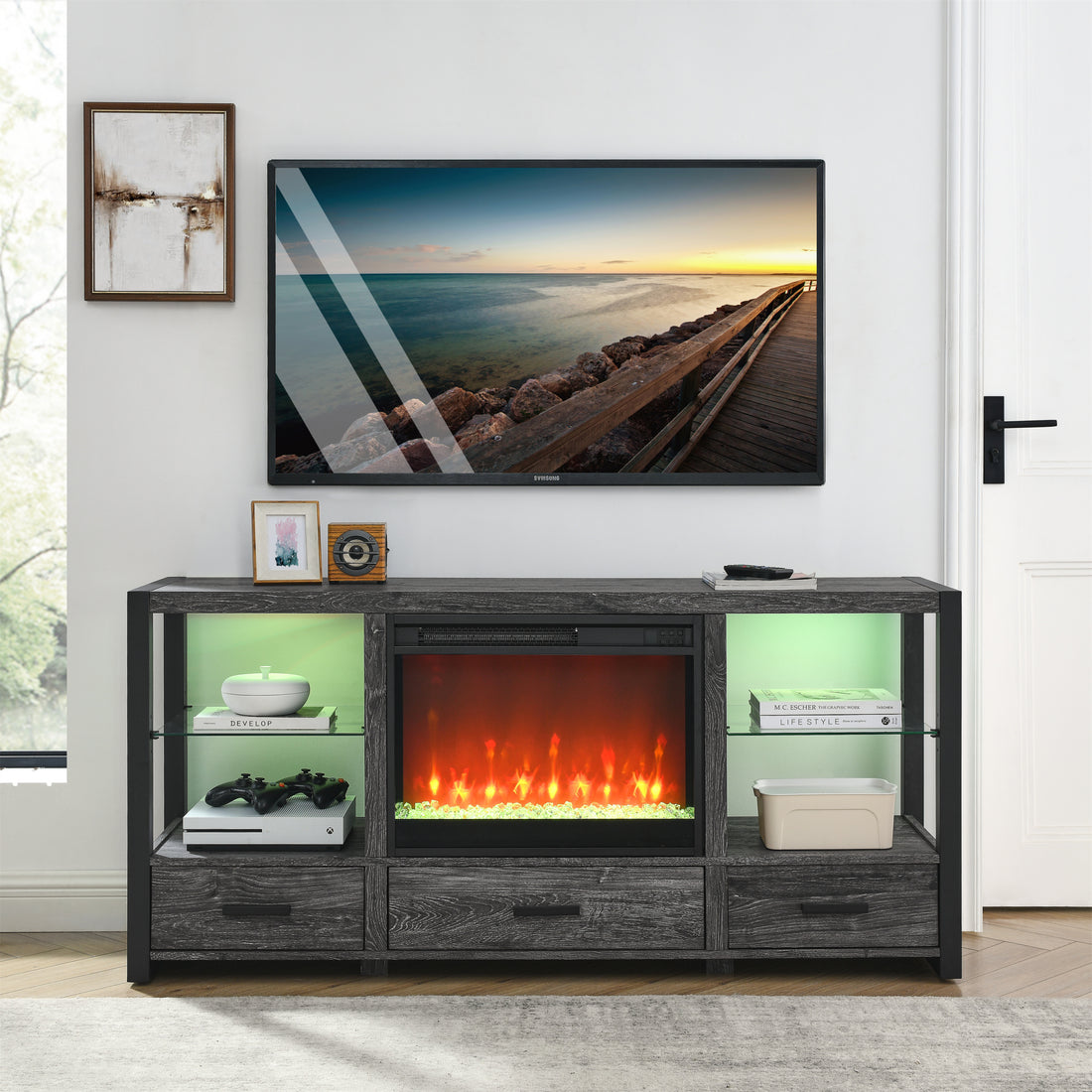 60 Inch Electric Fireplace Media Tv Stand With Sync Colorful Led Lights Dark Rustic Oak Color Powder Coated No Electric Dark Oak Vent Free Primary Living Space Yes Insert Wood Stainless Steel Glass Electric