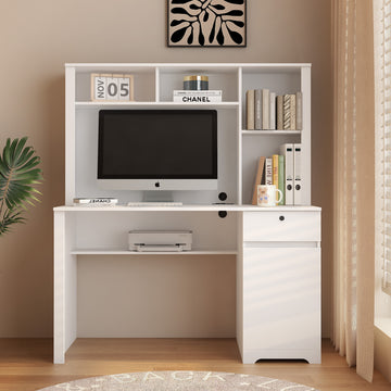 Computer Desk With Hutch & Bookshelf,Wood Executive Desk Teens Student Desk Writing Laptop Home Office Desk With Drawers,3 Ac Outlets And 2 Usb Charging Ports,Study Laptop Table For Home White White Mdf