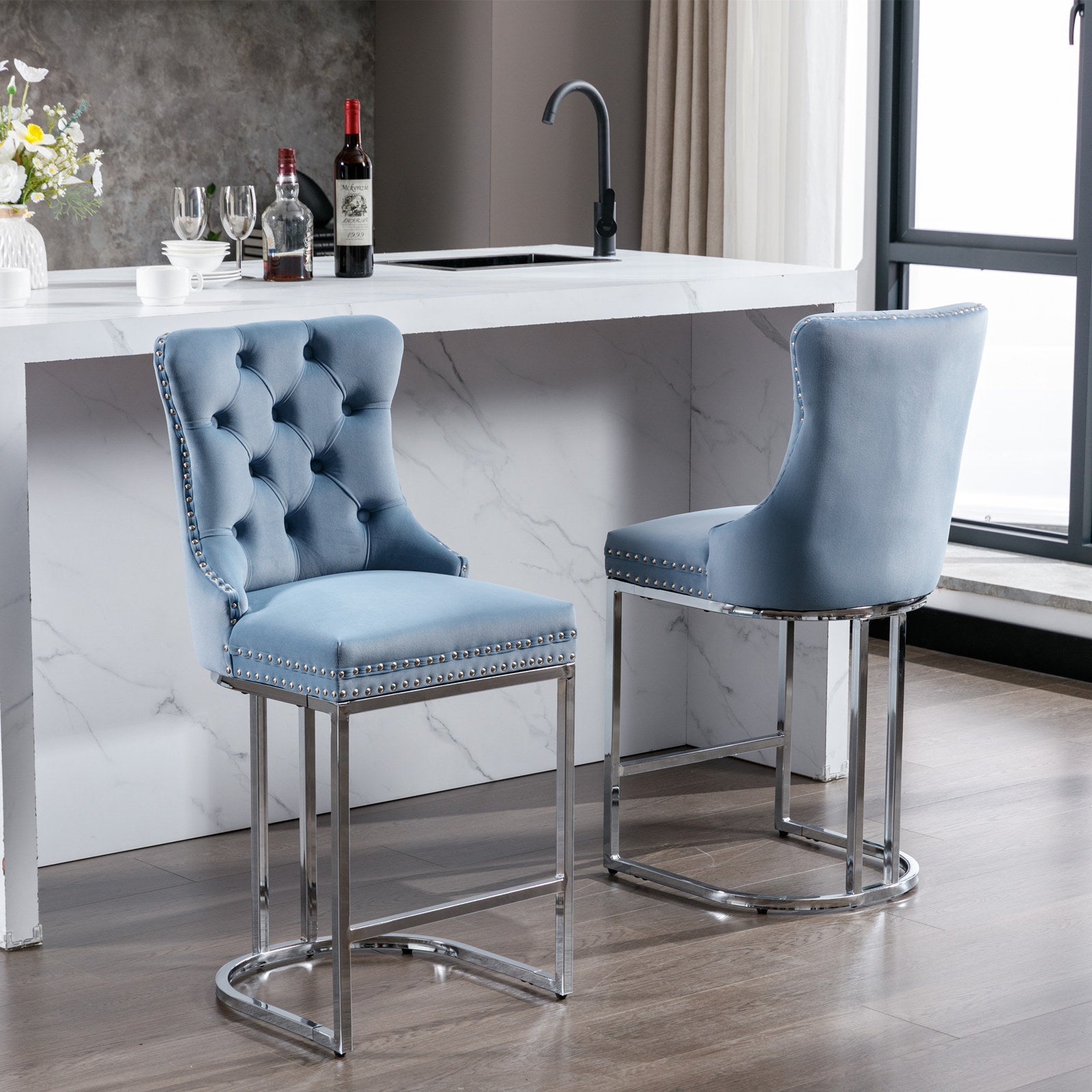 26" Counter Height Bar Stools Set Of 2, Modern Velvet Barstools With Button Back&Rivet Trim Upholstered Kitchen Island Chairs With Sturdy Chromed Metal Base Legs Farmhouse Bar Stools,Light Blue,2 Pack Light Blue Dining Room American Design Foam Velvet