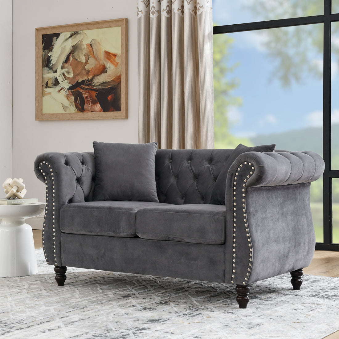 58.8" Chesterfield Sofa Grey Velvet For Living Room, 2 Seater Sofa Tufted Couch With Rolled Arms And For Living Room, Bedroom, Office, Apartment, Two Pillowsw834S00069 Grey Foam Velvet