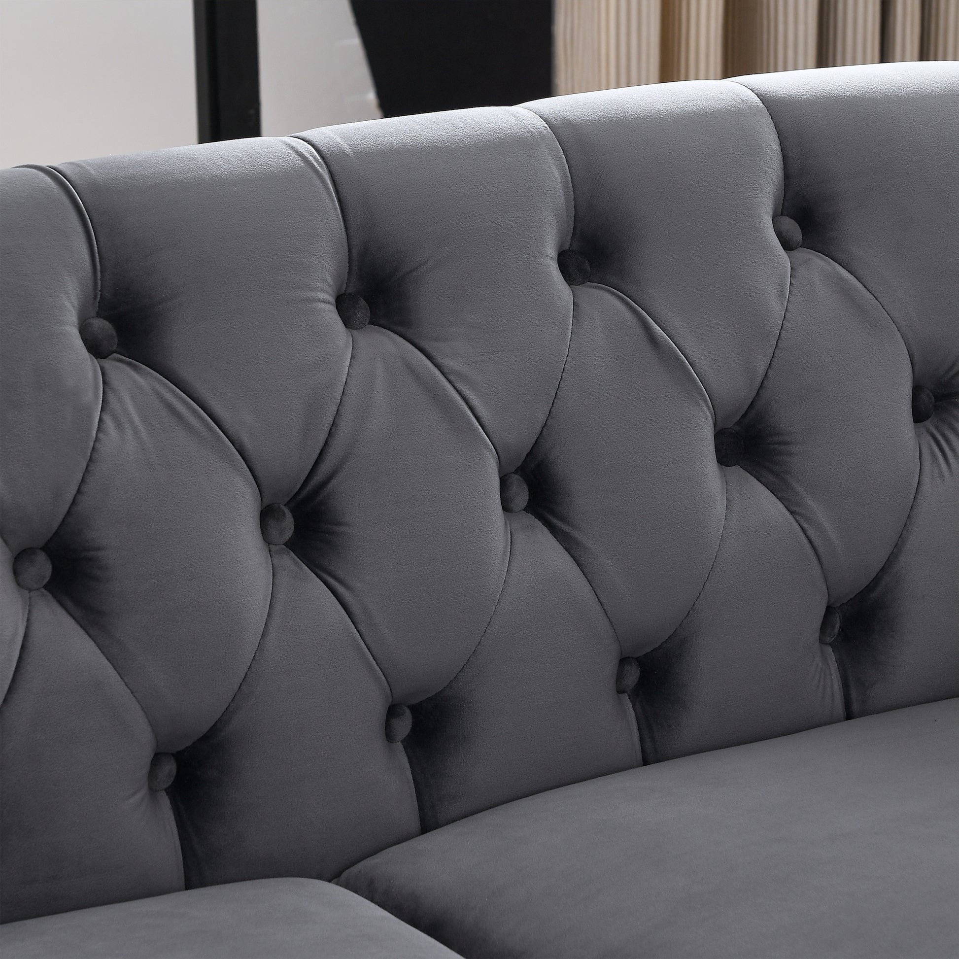 58.8" Chesterfield Sofa Grey Velvet For Living Room, 2 Seater Sofa Tufted Couch With Rolled Arms And For Living Room, Bedroom, Office, Apartment, Two Pillowsw834S00069 Grey Foam Velvet