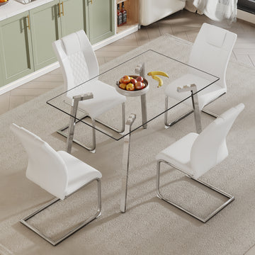 Glass Dining Table, Dining Chair Set, 4 White Dining Chairs And 1 Dining Table Table Measures 51" W X 31.5"D X 29.5" H White Metal