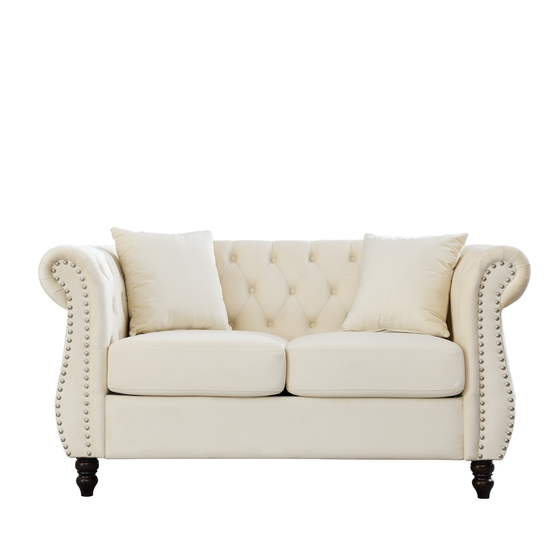 58.8" Chesterfield Sofa Beige Velvet For Living Room, 2 Seater Sofa Tufted Couch With Rolled Arms And For Living Room, Bedroom, Office, Apartment, Two Pillows Beige Foam Velvet