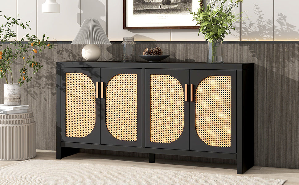 U Can Modern TV Stand for 65 inch TV with Rattan black-particle board