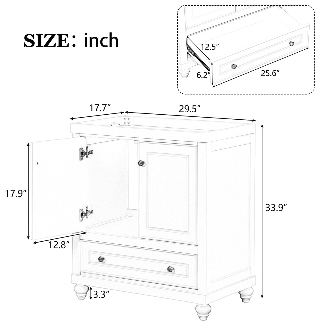 30" Bathroom Vanity Without Sink, Base Only, Cabinet With Doors And Drawer, Solid Frame And Mdf Board, White White Solid Wood Mdf