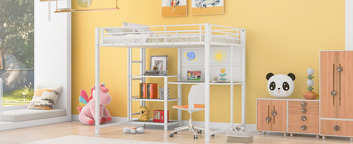 Full Size Loft Bed With Desk And Whiteboard, Metal Loft Bed With 3 Shelves And Ladder, White White Steel