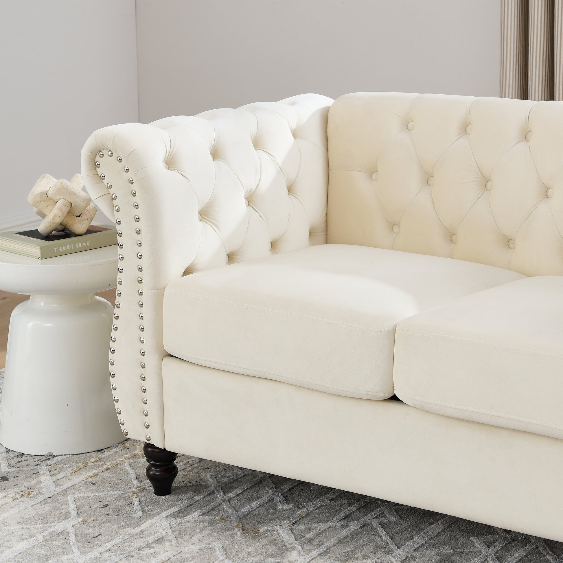 58.8" Chesterfield Sofa Beige Velvet For Living Room, 2 Seater Sofa Tufted Couch With Rolled Arms And For Living Room, Bedroom, Office, Apartment, Two Pillowsw834S00070 Beige Foam Velvet 2 Seat