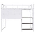 Full Size Loft Bed With Desk And Whiteboard, Metal Loft Bed With 3 Shelves And Ladder, White White Steel