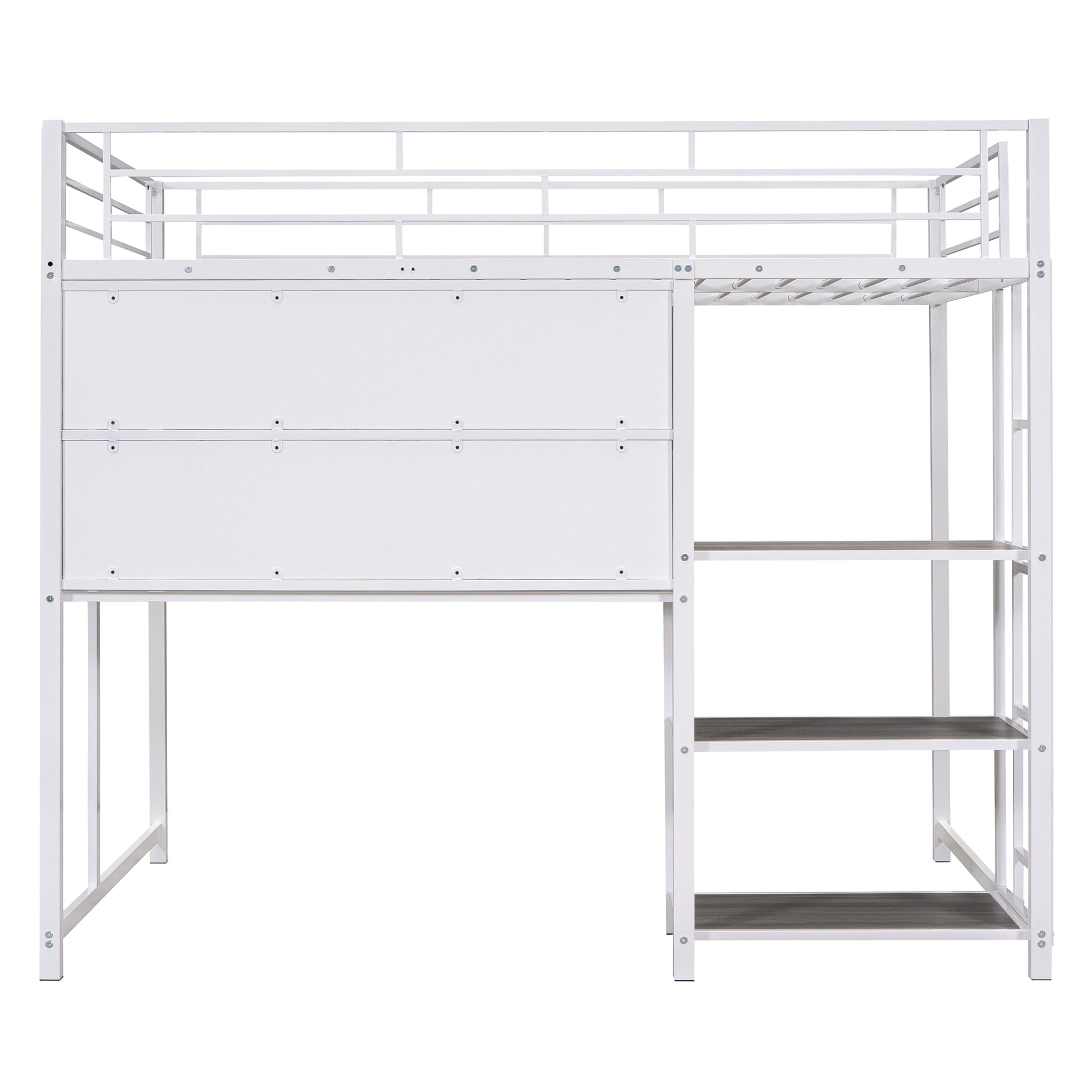 Full Size Loft Bed With Desk And Whiteboard, Metal Loft Bed With 3 Shelves And Ladder, White White Steel