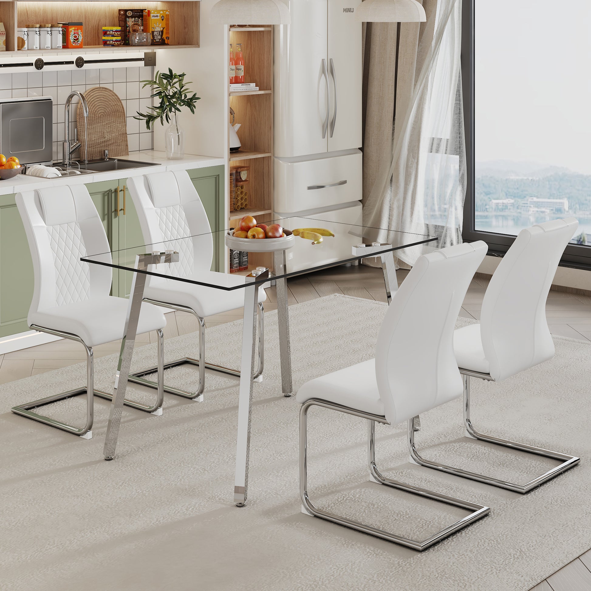 Glass Dining Table, Dining Chair Set, 4 White Dining Chairs And 1 Dining Table Table Measures 51" W X 31.5"D X 29.5" H White Metal