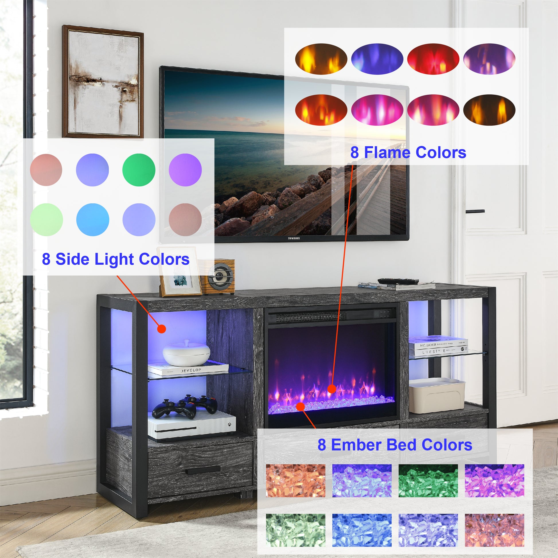 60 Inch Electric Fireplace Media Tv Stand With Sync Colorful Led Lights Dark Rustic Oak Color Powder Coated No Electric Dark Oak Vent Free Primary Living Space Yes Insert Wood Stainless Steel Glass Electric