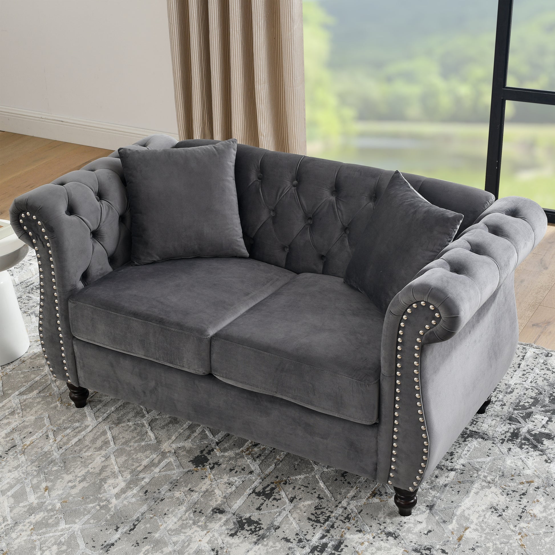 58.8" Chesterfield Sofa Grey Velvet For Living Room, 2 Seater Sofa Tufted Couch With Rolled Arms And For Living Room, Bedroom, Office, Apartment, Two Pillowsw834S00069 Grey Foam Velvet