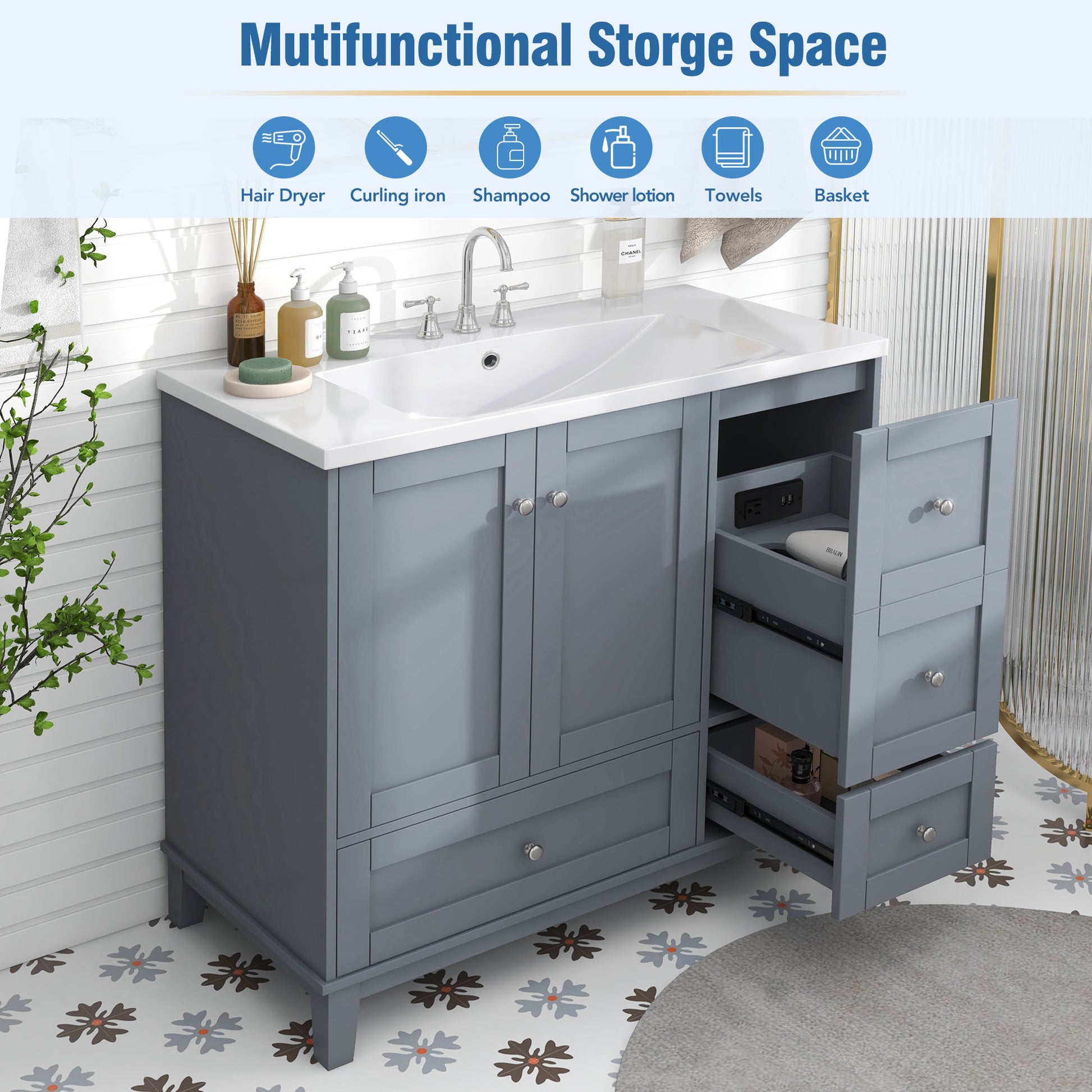 36 Inch Modern Bathroom Vanity With Usb Charging, Two Doors And Three Drawers Bathroom Storage Vanity Cabinet With Single Top, Small Bathroom Vanity Cabinet With Sinkwhite & Gray Blue Faucets Not Grey Solid Wood Mdf Resin