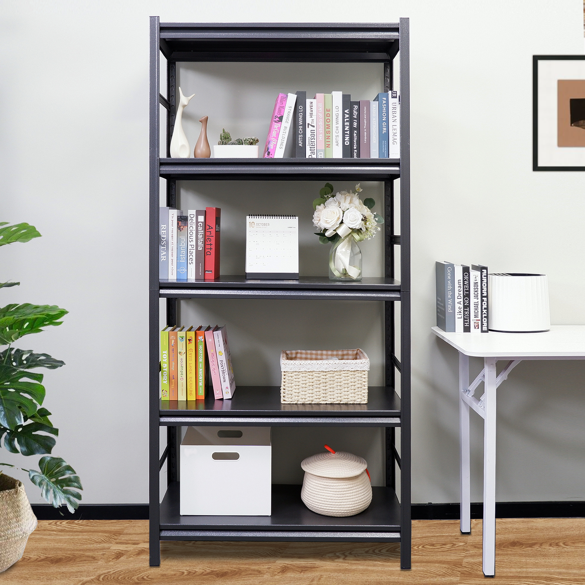 Adjustable Heavy Duty Metal Shelving 5 Tier Storage Shelves, 2000Lbs Load, Kitchen, Garage, Pantry H63 * W31.5 * D15.7 5 Black Standard Vertical Office Open Back Metal Classic Adjustable Shelves Metal Steel