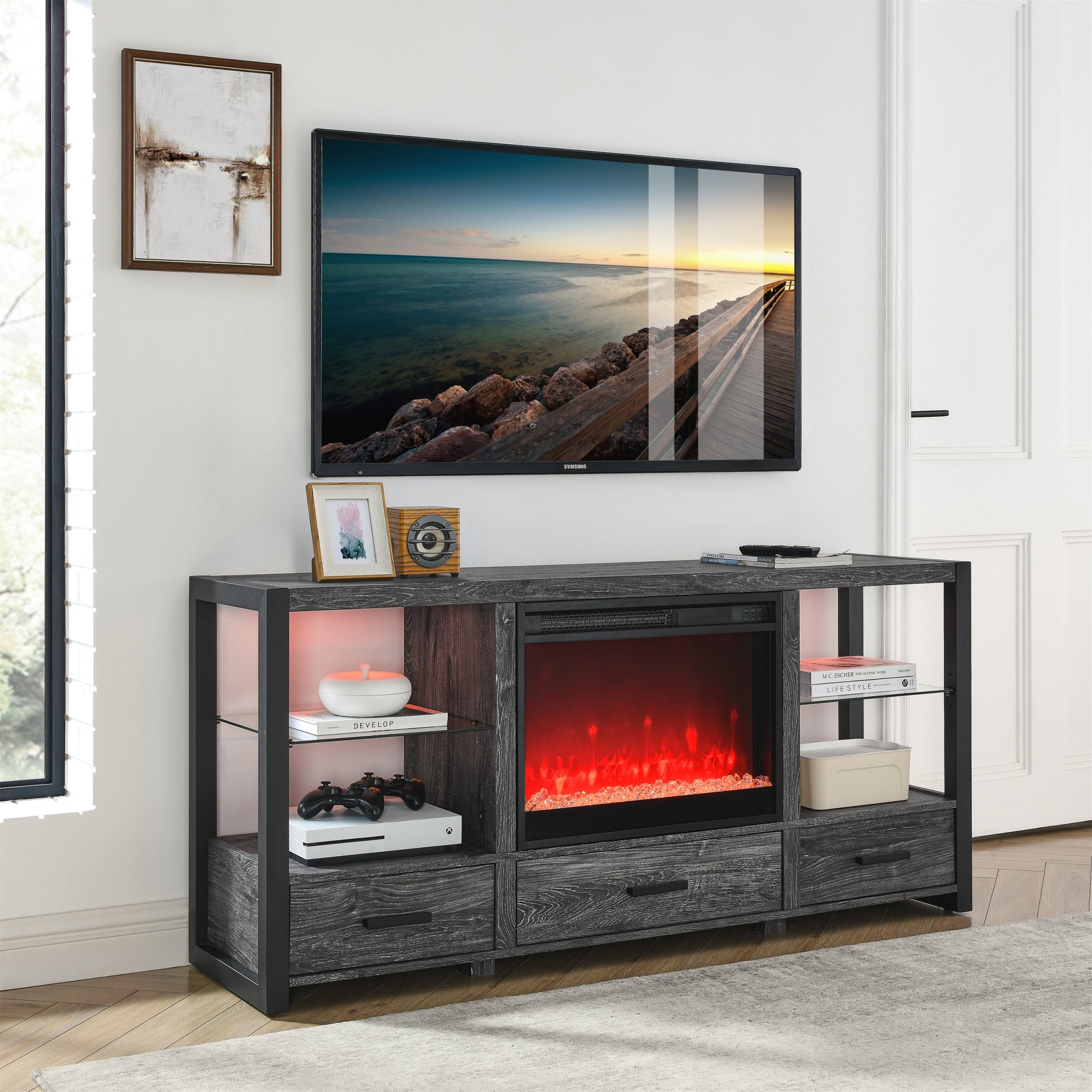 60 Inch Electric Fireplace Media Tv Stand With Sync Colorful Led Lights Dark Rustic Oak Color Powder Coated No Electric Dark Oak Vent Free Primary Living Space Yes Insert Wood Stainless Steel Glass Electric