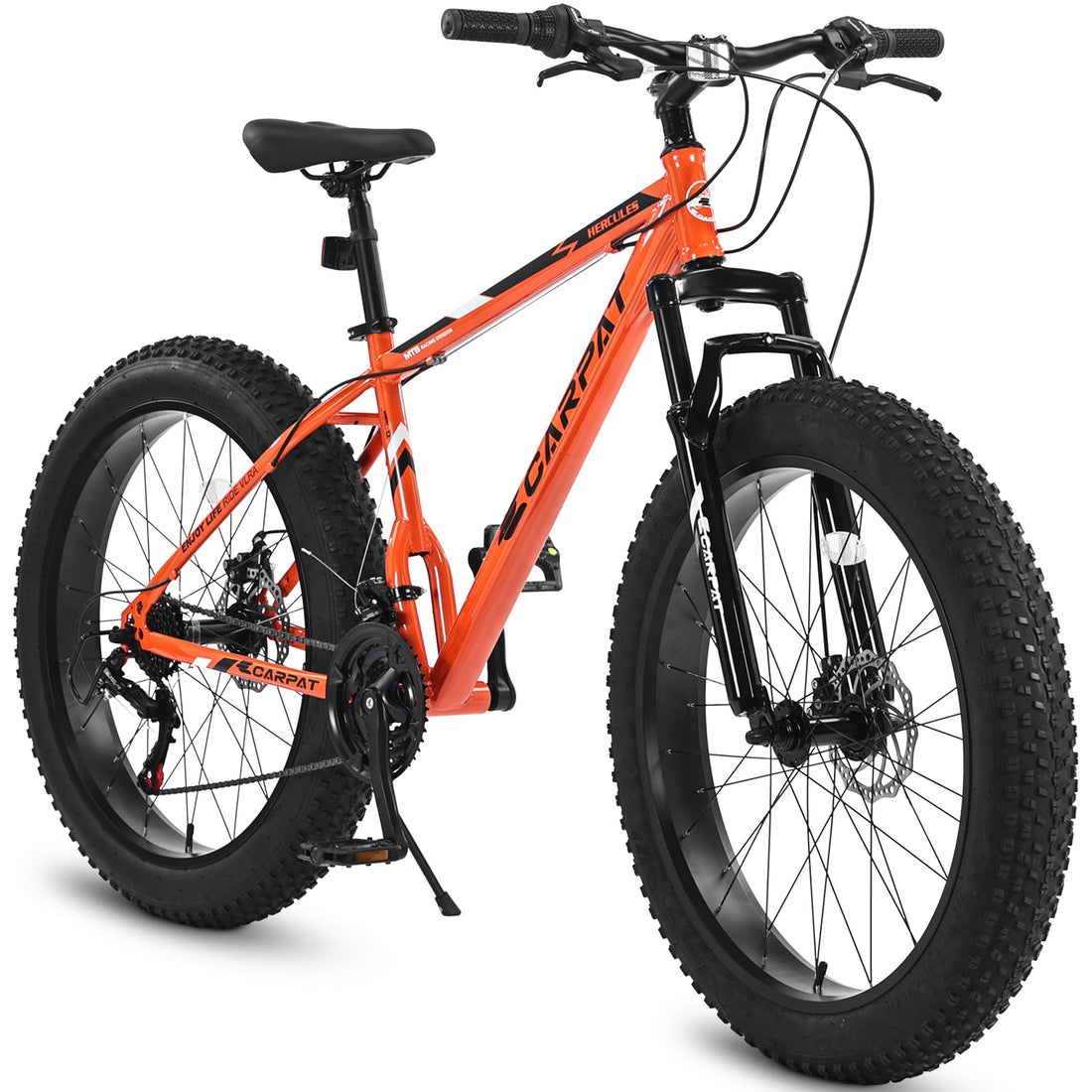 S26109 26 Inch Fat Tire Bike Adult Youth Full Shimano 21 Speed Mountain Bike, Dual Disc Brake, High Carbon Steel Frame, Front Suspension, Mountain Trail Bike, Urban Commuter City Bicycle Cycling Orange Without Anti Slip Garden & Outdoor American Design