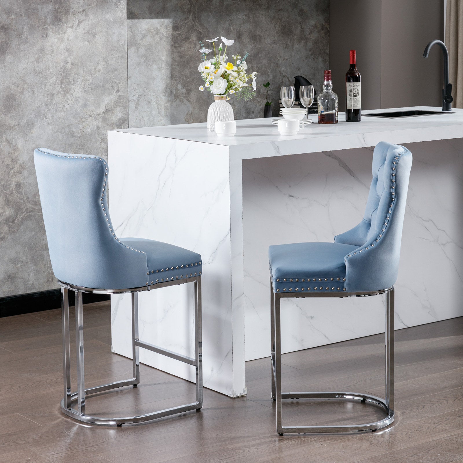 26" Counter Height Bar Stools Set Of 2, Modern Velvet Barstools With Button Back&Rivet Trim Upholstered Kitchen Island Chairs With Sturdy Chromed Metal Base Legs Farmhouse Bar Stools,Light Blue,2 Pack Light Blue Dining Room American Design Foam Velvet