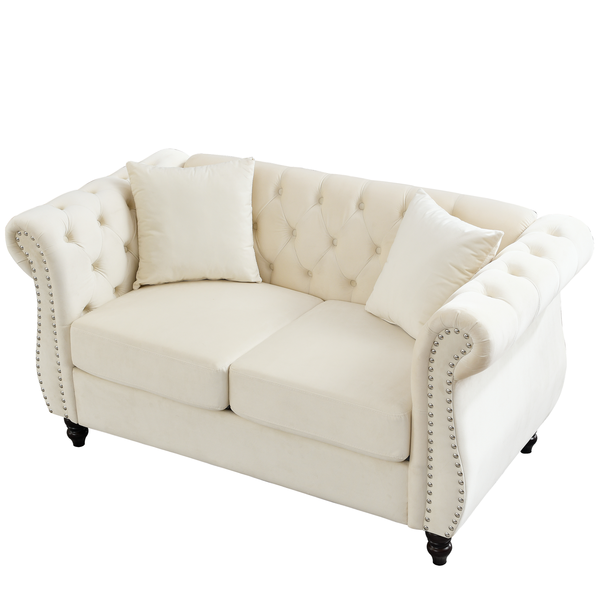 58.8" Chesterfield Sofa Beige Velvet For Living Room, 2 Seater Sofa Tufted Couch With Rolled Arms And For Living Room, Bedroom, Office, Apartment, Two Pillows Beige Foam Velvet