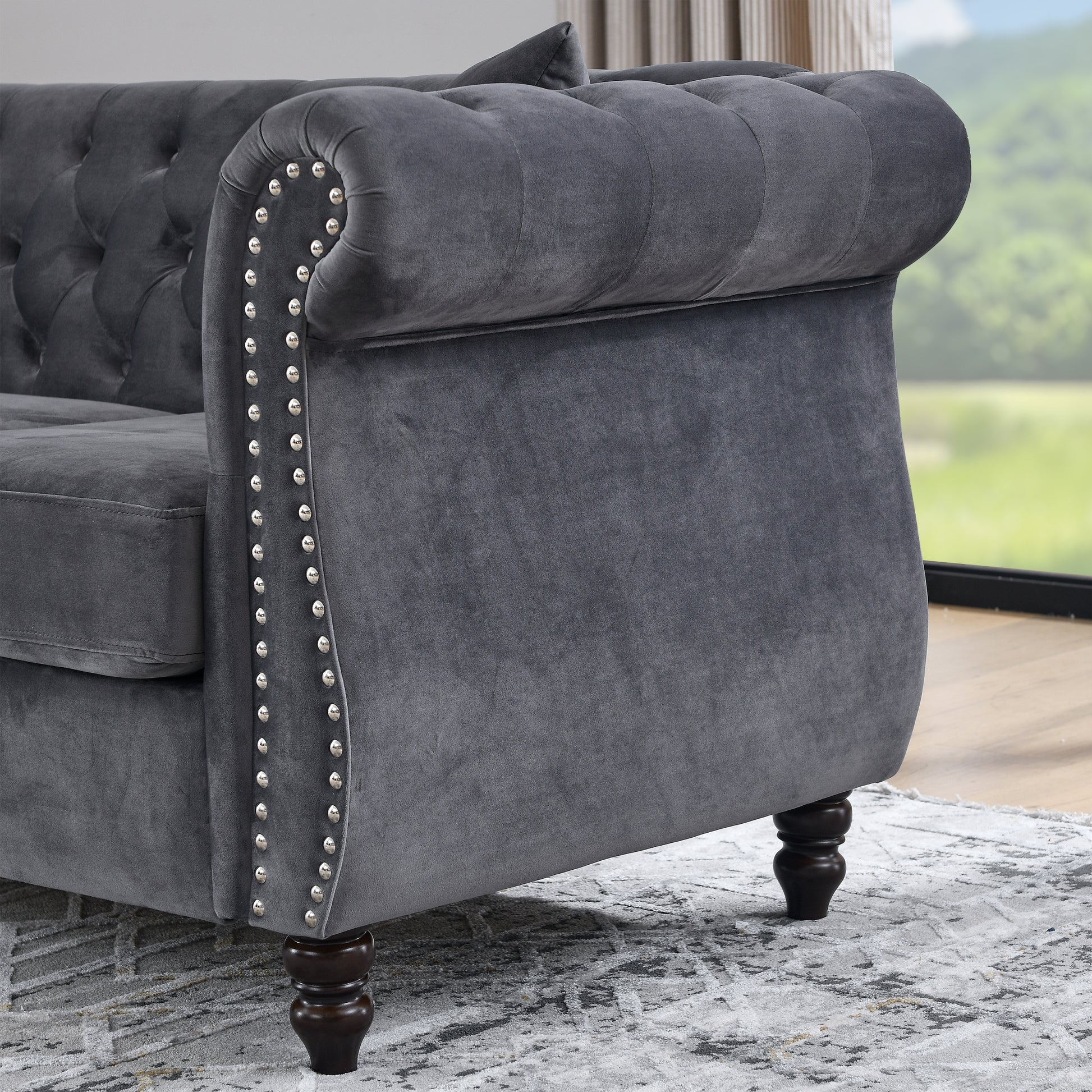 58.8" Chesterfield Sofa Grey Velvet For Living Room, 2 Seater Sofa Tufted Couch With Rolled Arms And For Living Room, Bedroom, Office, Apartment, Two Pillowsw834S00069 Grey Foam Velvet