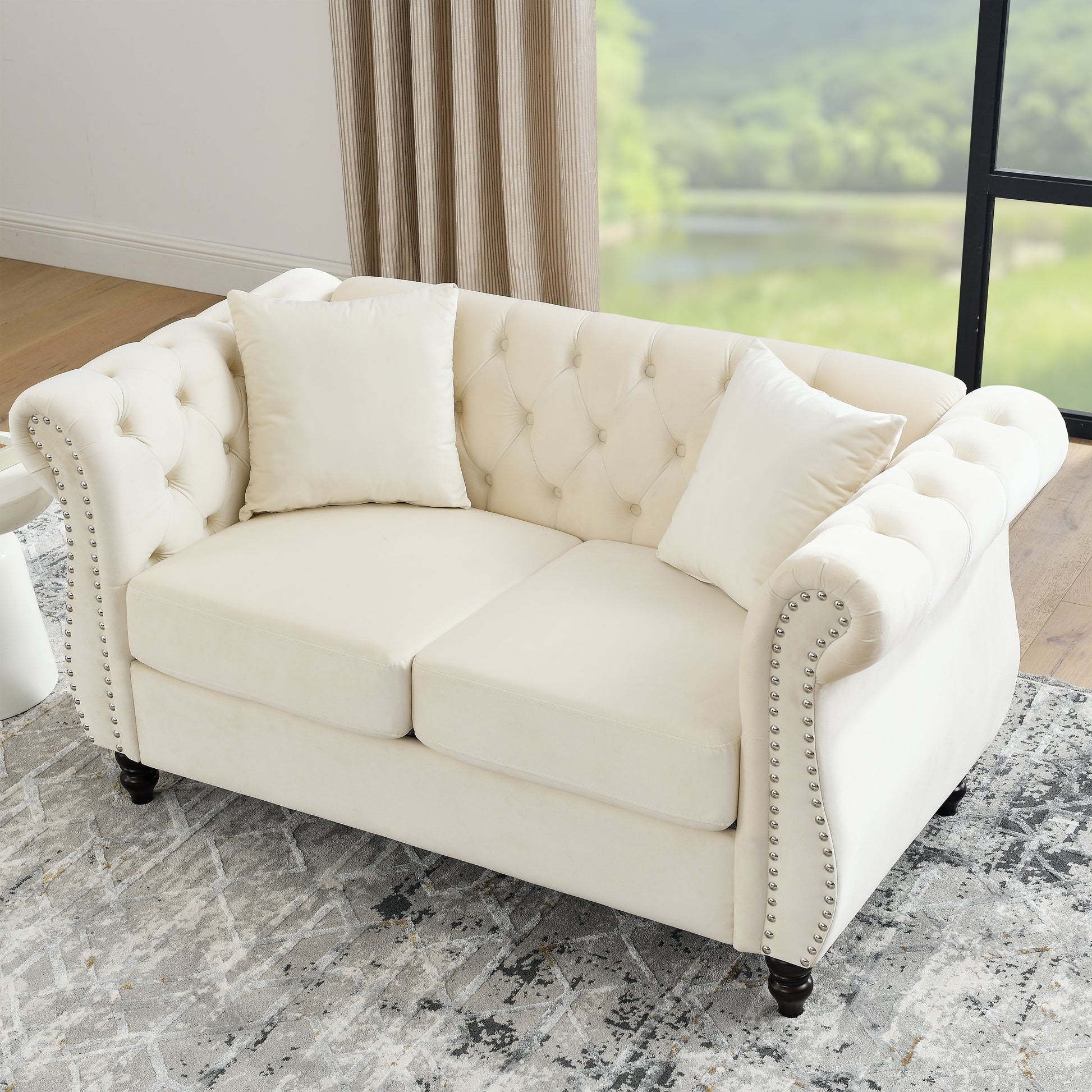 58.8" Chesterfield Sofa Beige Velvet For Living Room, 2 Seater Sofa Tufted Couch With Rolled Arms And For Living Room, Bedroom, Office, Apartment, Two Pillows Beige Foam Velvet