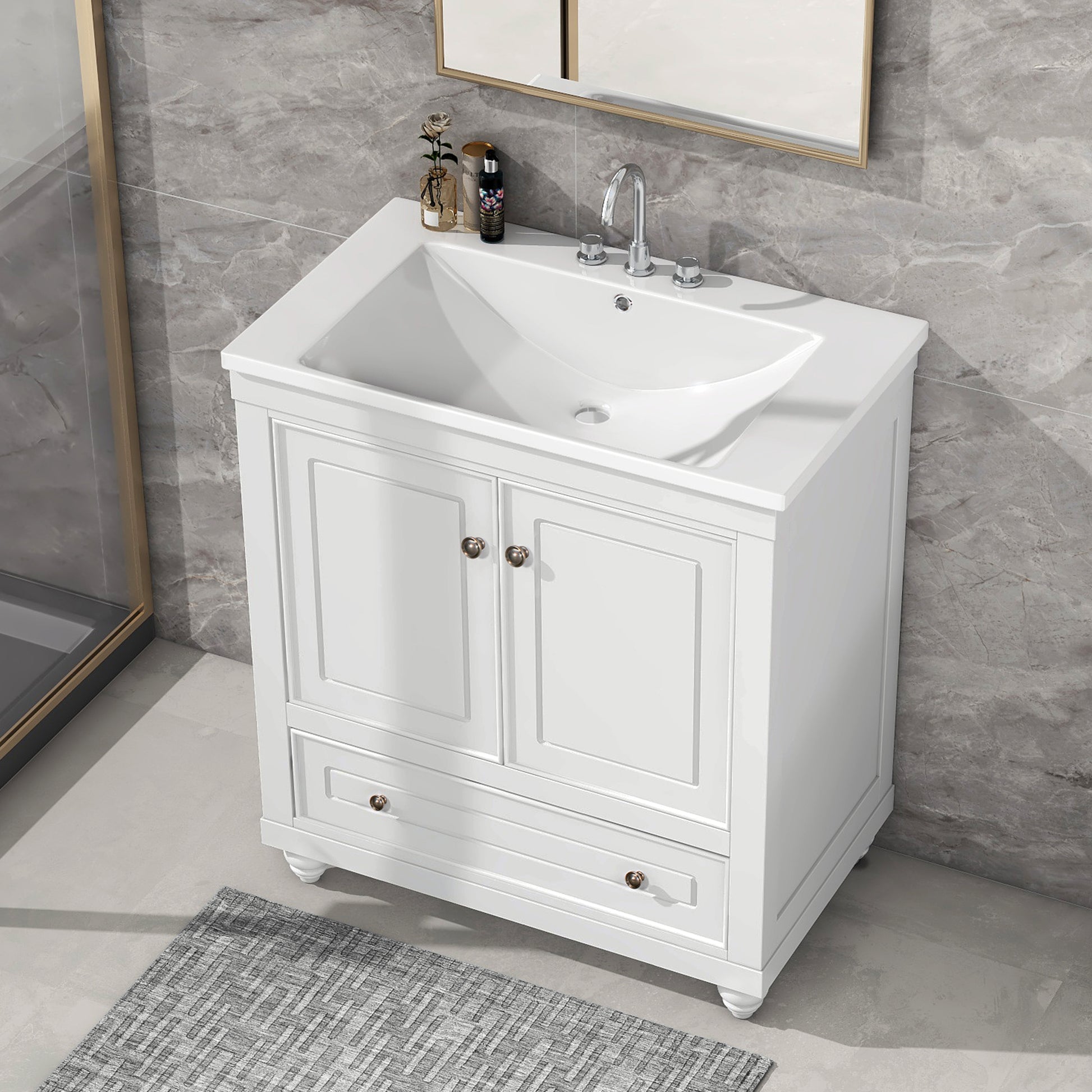 30" Bathroom Vanity With Sink, Combo, Cabinet With Doors And Drawer, Solid Frame And Mdf Board, White White Solid Wood Mdf