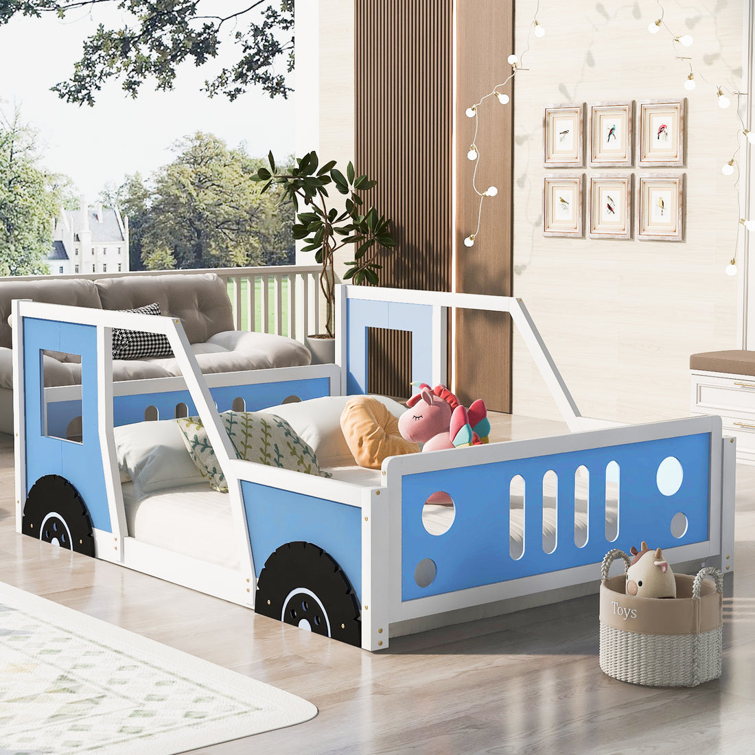 Full Size Classic Car Shaped Platform Bed With Wheels,Blue Blue Pine