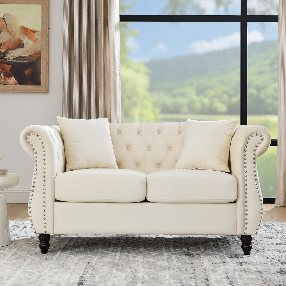 58.8" Chesterfield Sofa Beige Velvet For Living Room, 2 Seater Sofa Tufted Couch With Rolled Arms And For Living Room, Bedroom, Office, Apartment, Two Pillows Beige Foam Velvet