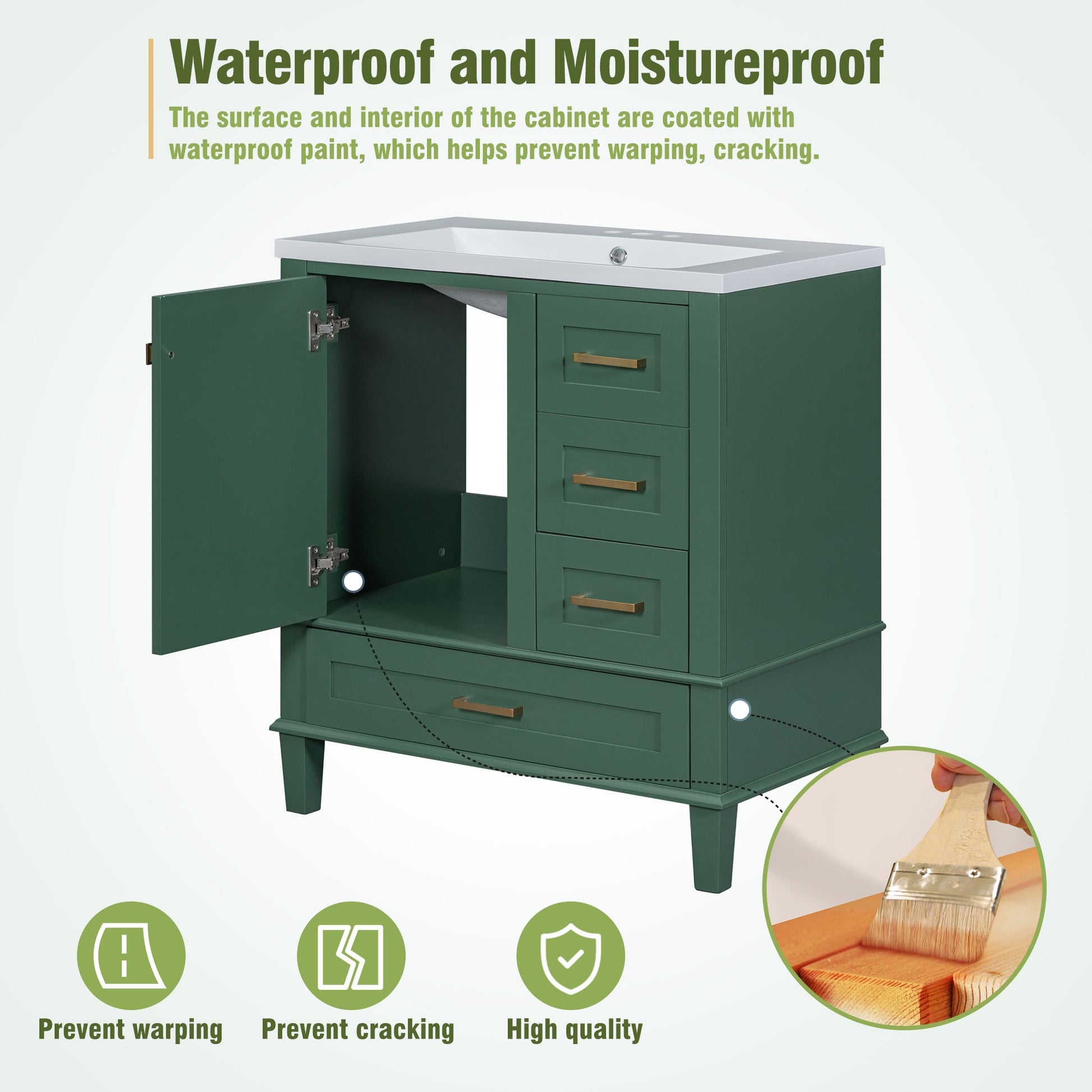 30" Bathroom Vanity In Green, Modern Bathroom Cabinet With Sink Combo Set, Bathroom Storage Cabinet With A Soft Closing Door And 3 Drawers, Solid Wood Frame Resin Basin Green Solid Wood Mdf