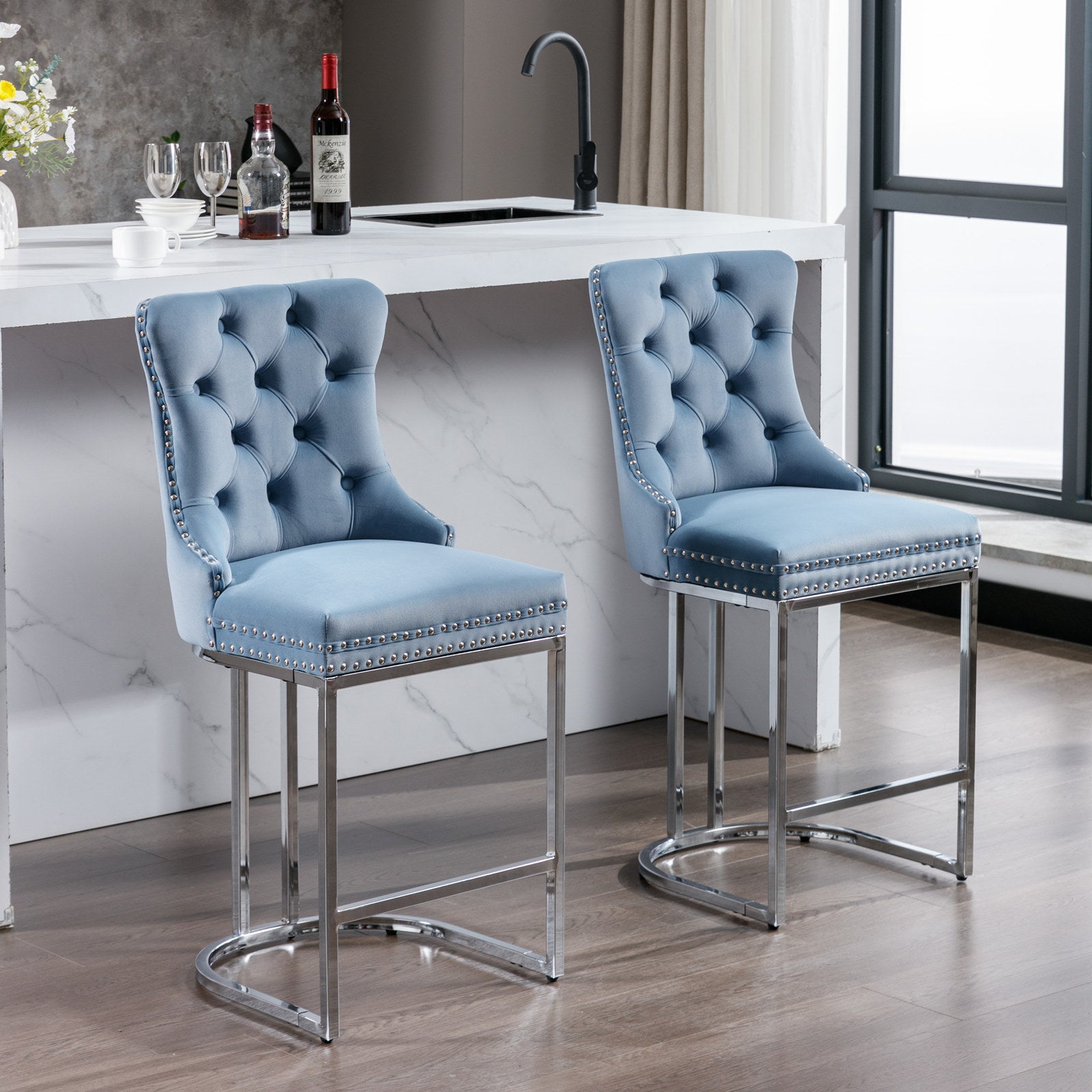 26" Counter Height Bar Stools Set Of 2, Modern Velvet Barstools With Button Back&Rivet Trim Upholstered Kitchen Island Chairs With Sturdy Chromed Metal Base Legs Farmhouse Bar Stools,Light Blue,2 Pack Light Blue Dining Room American Design Foam Velvet