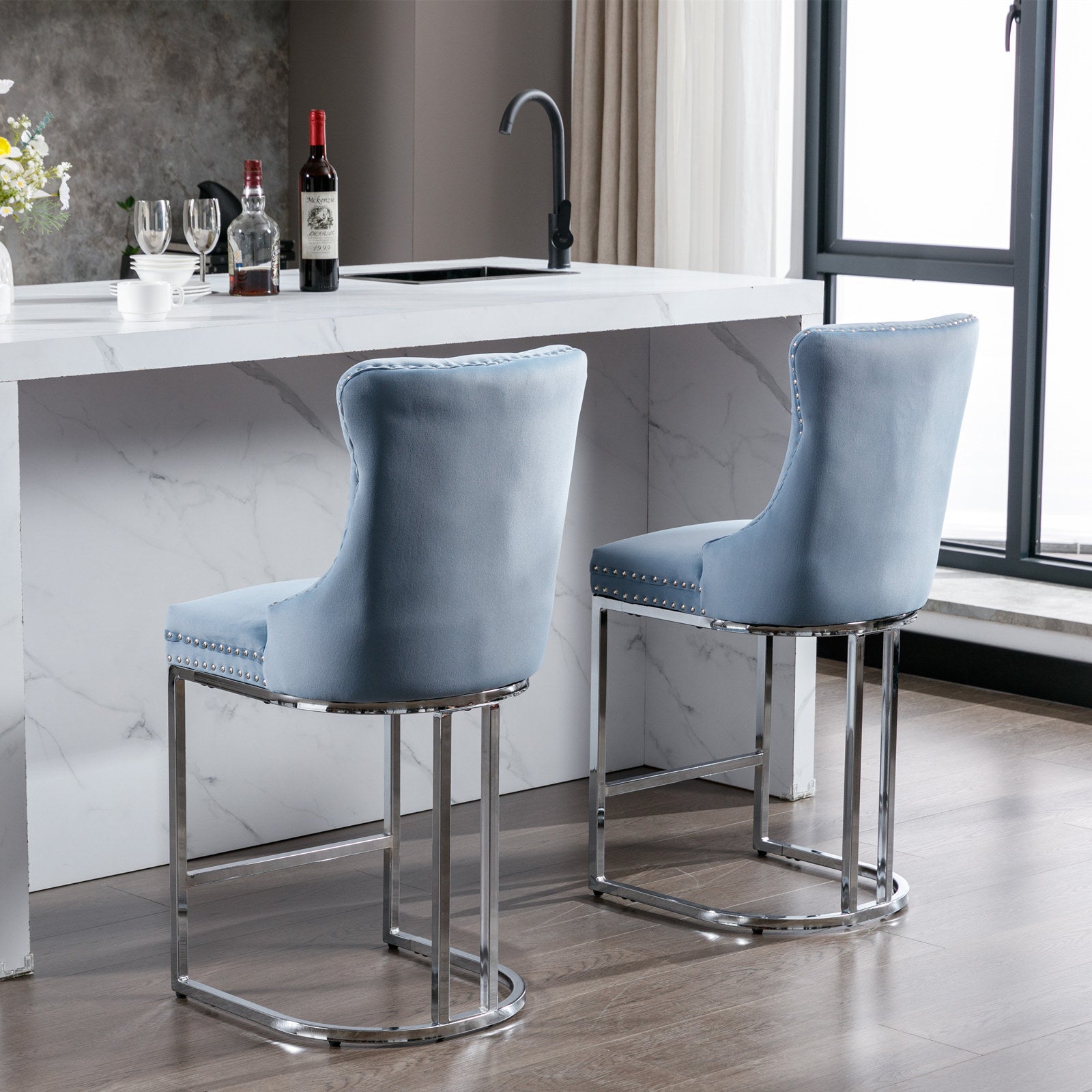 26" Counter Height Bar Stools Set Of 2, Modern Velvet Barstools With Button Back&Rivet Trim Upholstered Kitchen Island Chairs With Sturdy Chromed Metal Base Legs Farmhouse Bar Stools,Light Blue,2 Pack Light Blue Dining Room American Design Foam Velvet