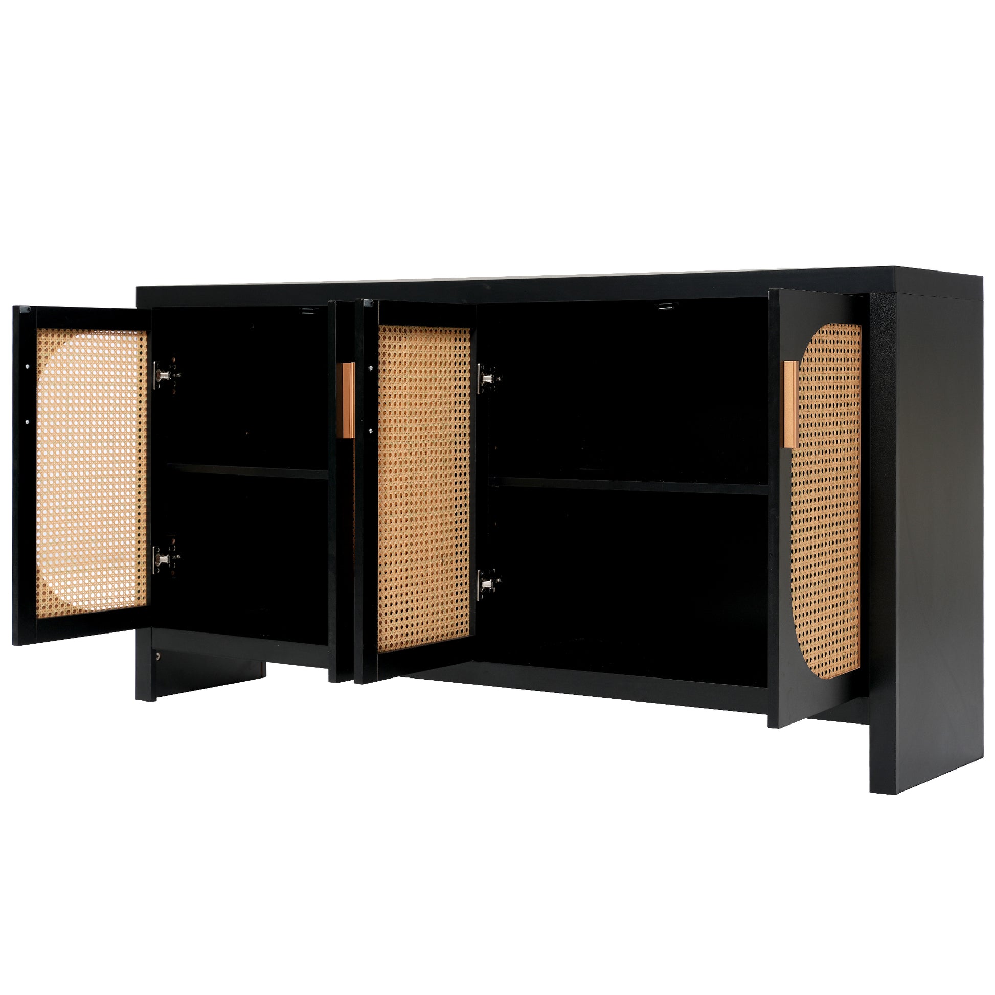 Modern Tv Stand For 65 Inch Tv With Rattan Doors, Adjustable Shelves And Metal Handles For Living Room, Black Black 60 69 Inches Particle Board