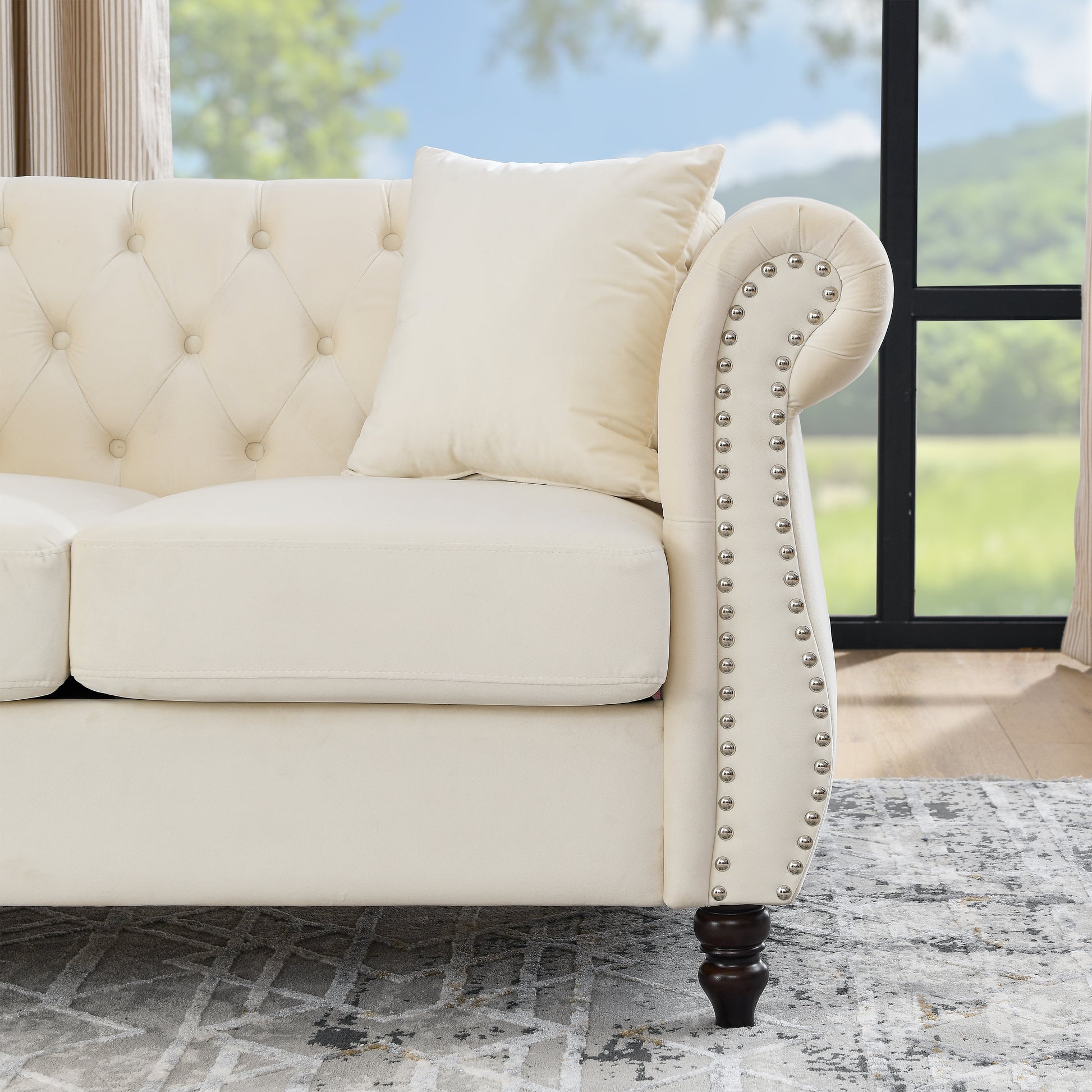 58.8" Chesterfield Sofa Beige Velvet For Living Room, 2 Seater Sofa Tufted Couch With Rolled Arms And For Living Room, Bedroom, Office, Apartment, Two Pillows Beige Foam Velvet