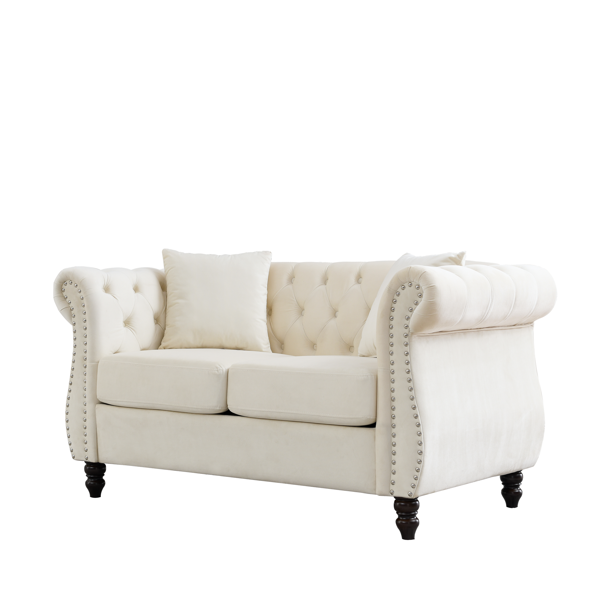 58.8" Chesterfield Sofa Beige Velvet For Living Room, 2 Seater Sofa Tufted Couch With Rolled Arms And For Living Room, Bedroom, Office, Apartment, Two Pillows Beige Foam Velvet