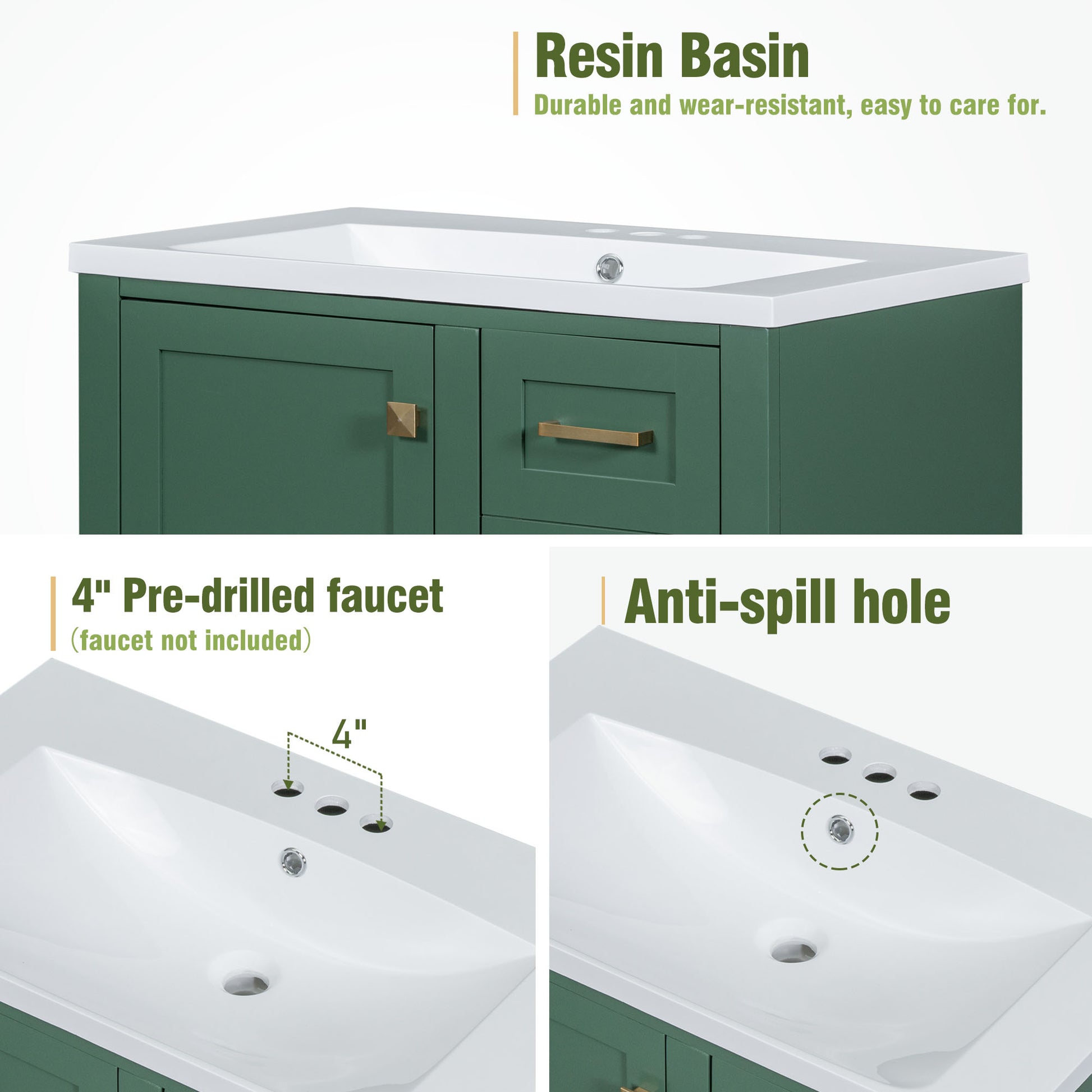 30" Bathroom Vanity In Green, Modern Bathroom Cabinet With Sink Combo Set, Bathroom Storage Cabinet With A Soft Closing Door And 3 Drawers, Solid Wood Frame Resin Basin Green Solid Wood Mdf