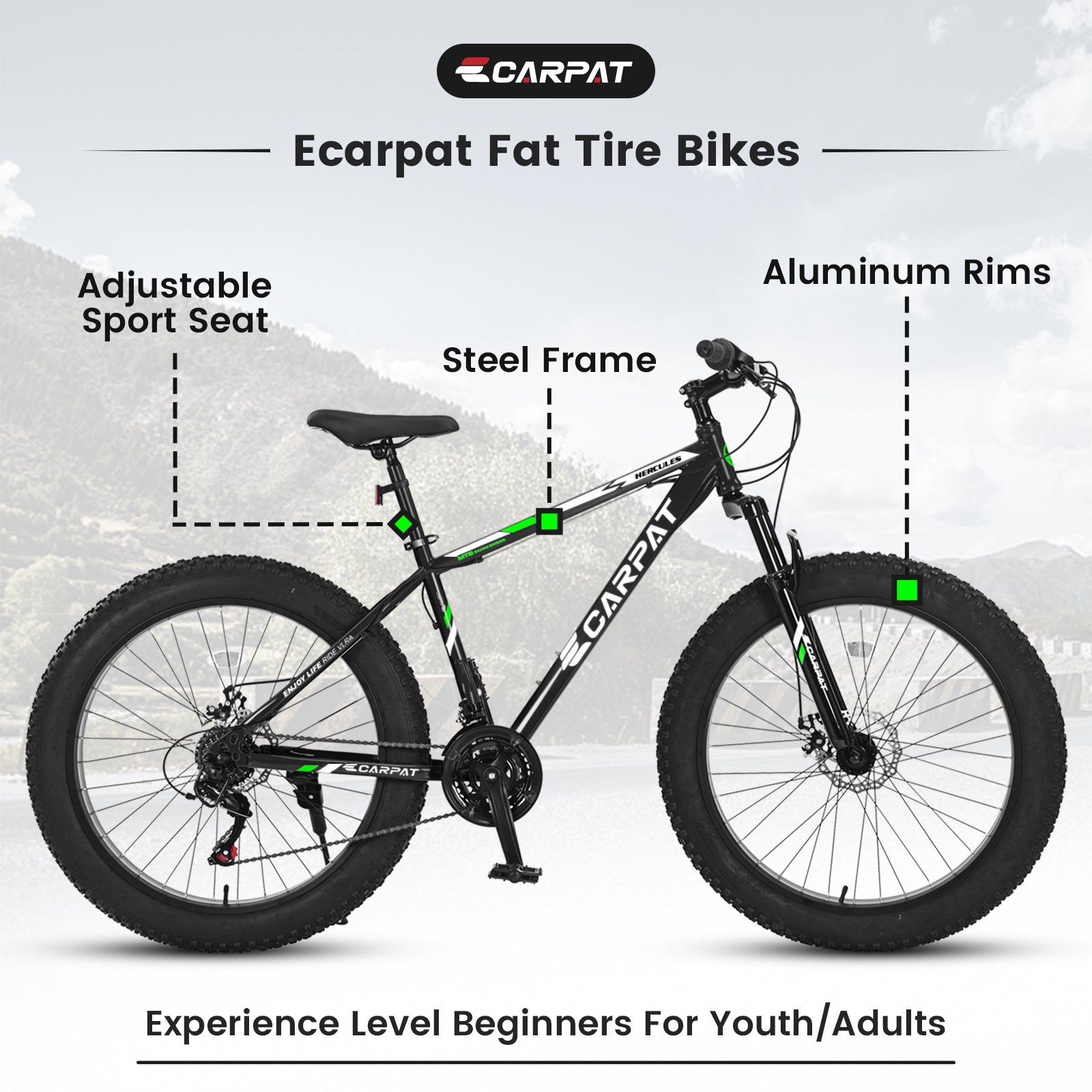 S26109 26 Inch Fat Tire Bike Adult Youth Full Shimano 21 Speed Mountain Bike, Dual Disc Brake, High Carbon Steel Frame, Front Suspension, Mountain Trail Bike, Urban Commuter City Bicycle Cycling Black Without Anti Slip Garden & Outdoor American Design