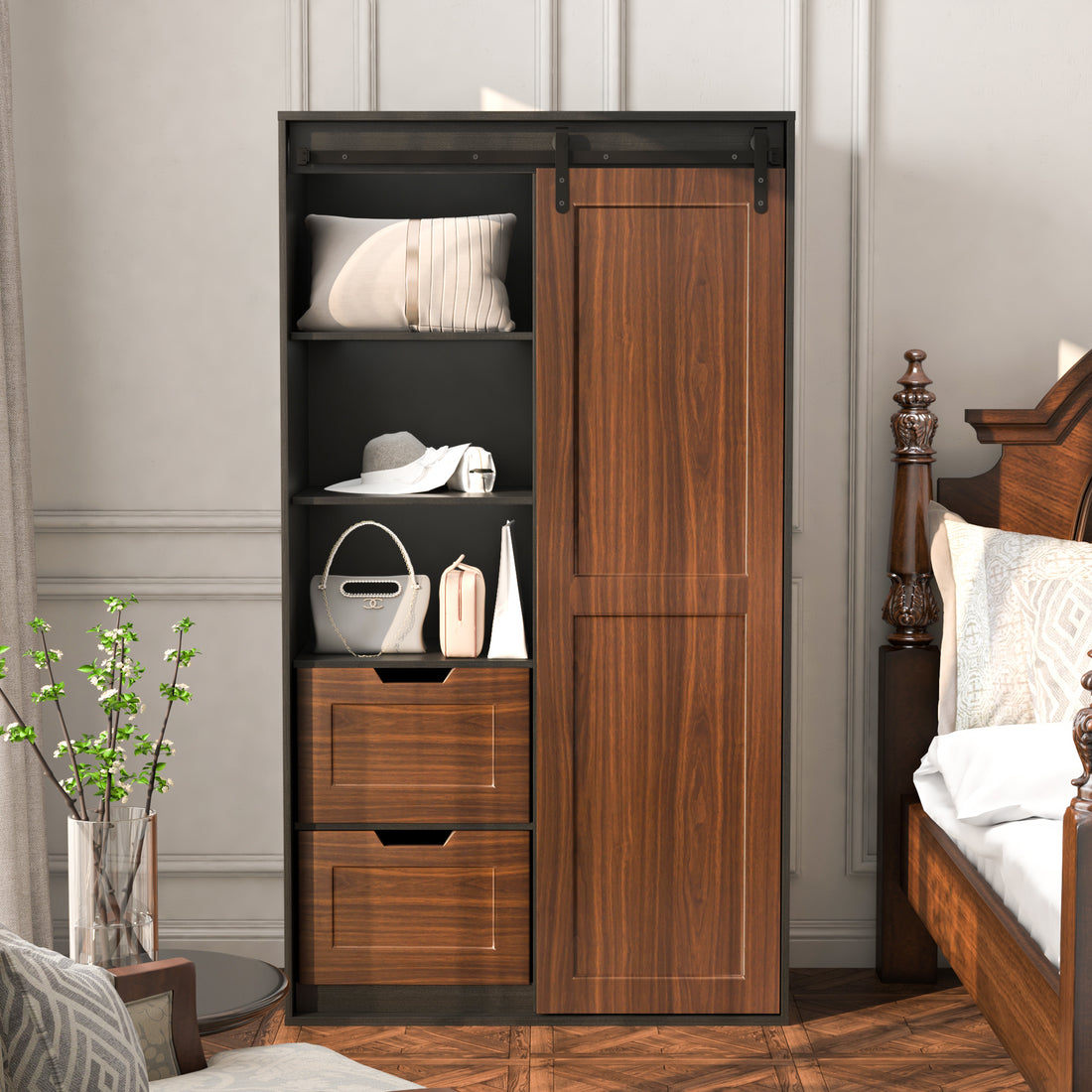 71 Inch Closets,Large Closetslaundry Cabinets,Plastic Suction Process,Farmslide Barndoors,Saveopenspace,Brand Hardware,Silent Slide,Can Be Used For The Bedroom,Cloakroom,Livingroom,Color:Black Brown 5 Or More Spaces Black Brown Brown Drawers Included