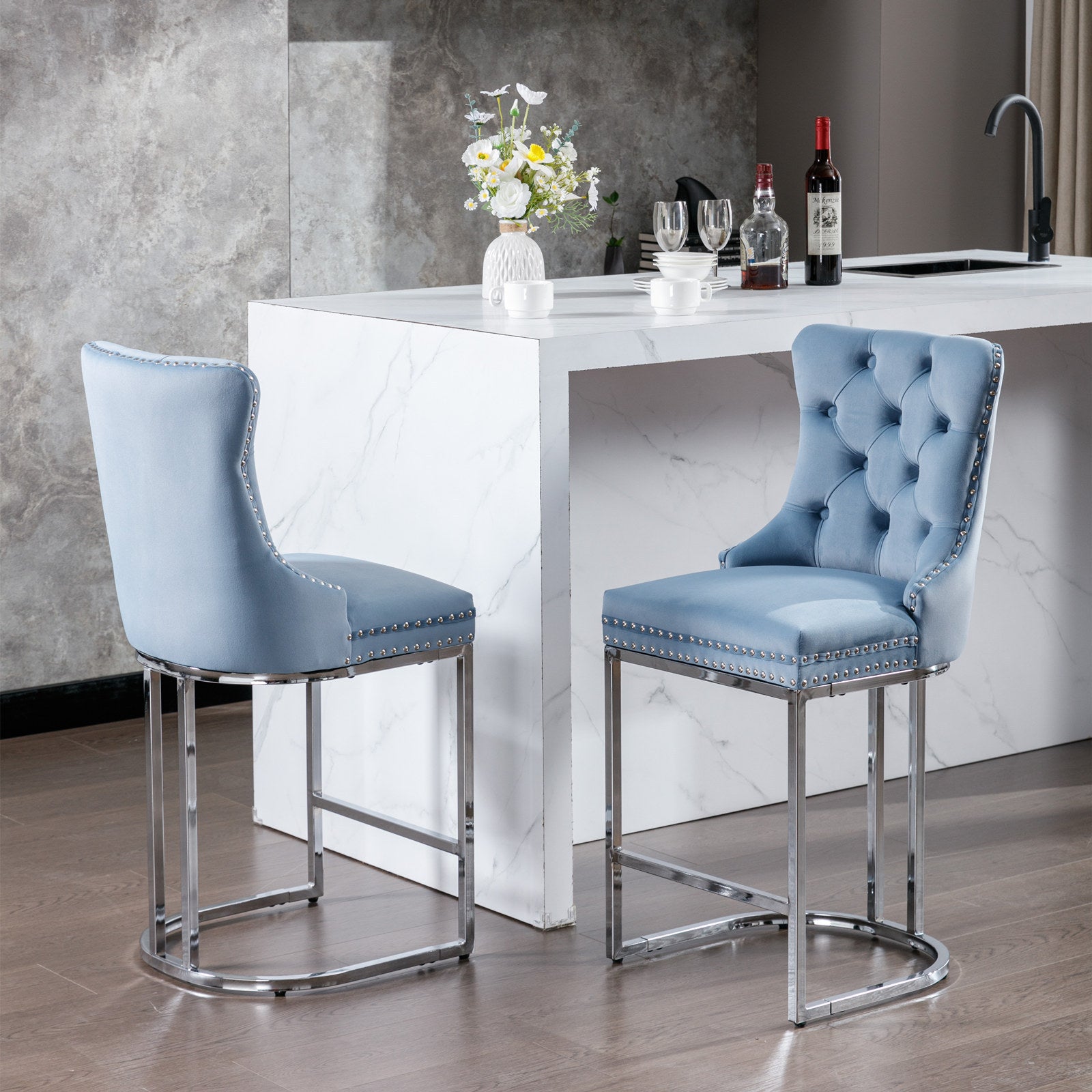 26" Counter Height Bar Stools Set Of 2, Modern Velvet Barstools With Button Back&Rivet Trim Upholstered Kitchen Island Chairs With Sturdy Chromed Metal Base Legs Farmhouse Bar Stools,Light Blue,2 Pack Light Blue Dining Room American Design Foam Velvet