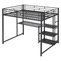 Full Size Loft Bed With Desk And Whiteboard, Metal Loft Bed With 3 Shelves And Ladder, Black Black Steel