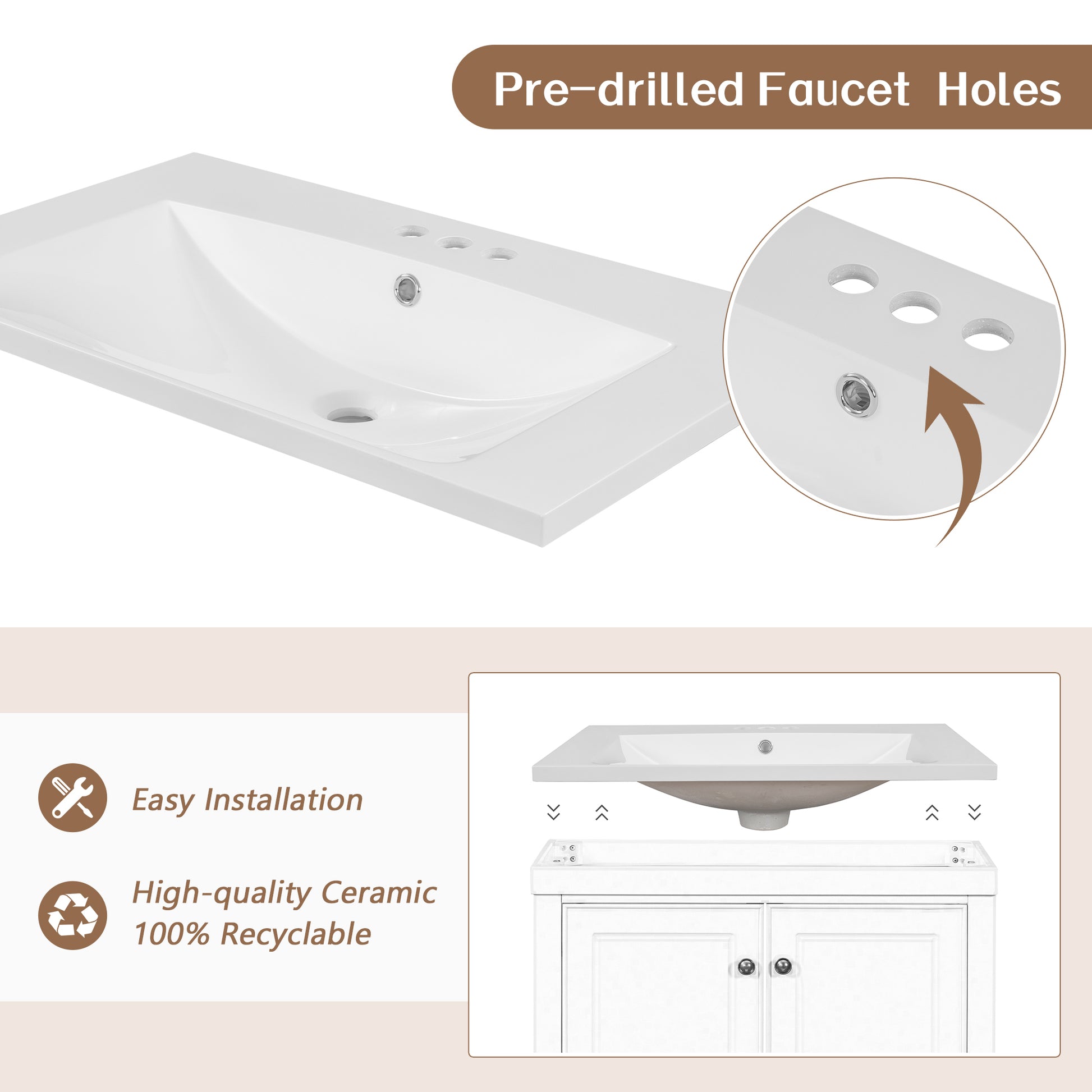 30" Bathroom Vanity With Sink, Combo, Cabinet With Doors And Drawer, Solid Frame And Mdf Board, White White Solid Wood Mdf