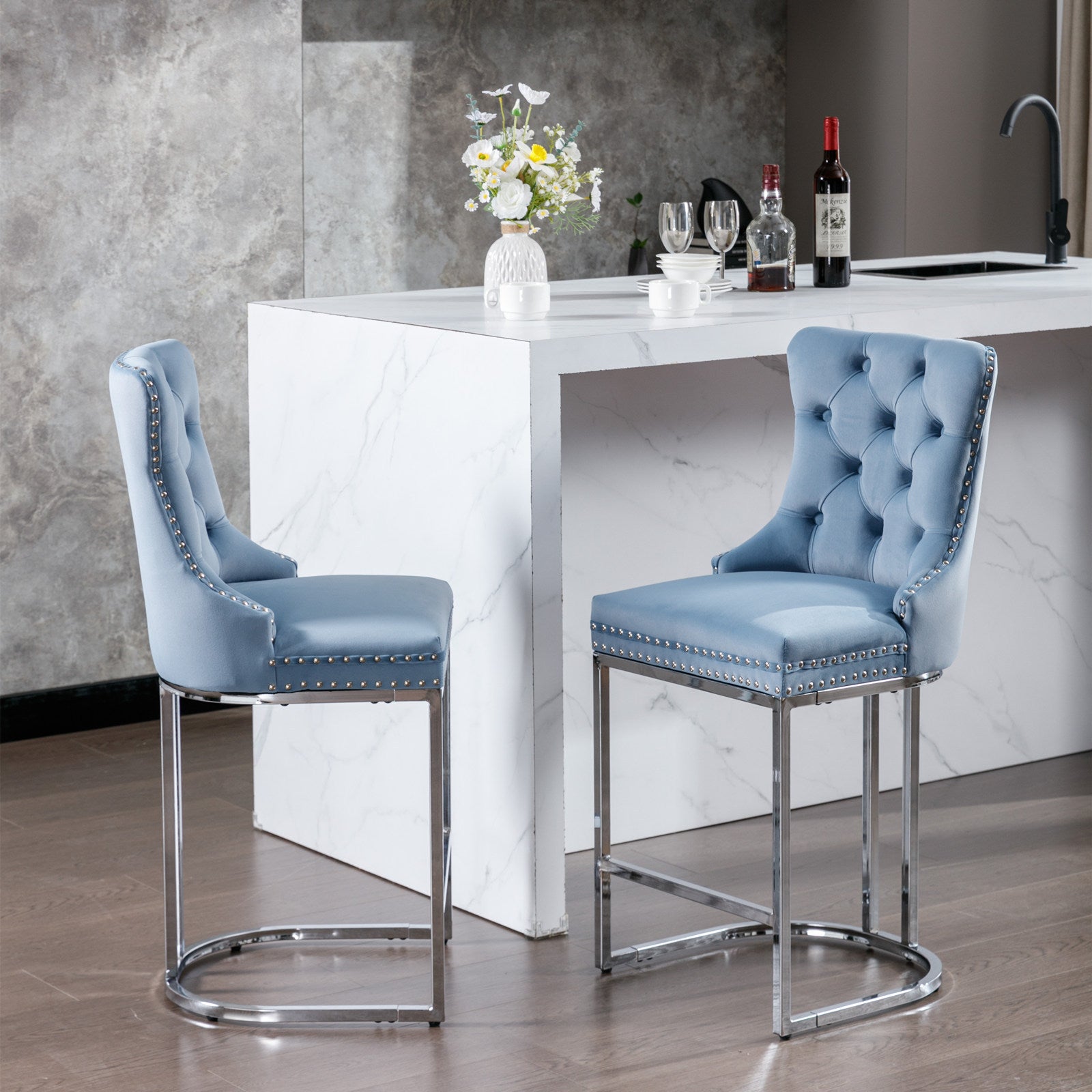 26" Counter Height Bar Stools Set Of 2, Modern Velvet Barstools With Button Back&Rivet Trim Upholstered Kitchen Island Chairs With Sturdy Chromed Metal Base Legs Farmhouse Bar Stools,Light Blue,2 Pack Light Blue Dining Room American Design Foam Velvet